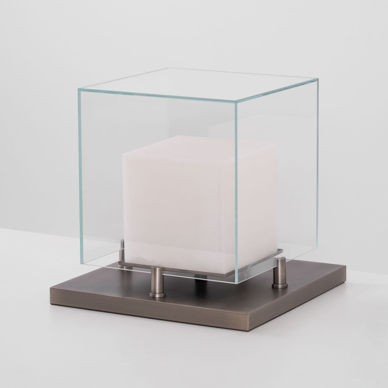 Cube Table Lamp with Glass Enclosure and Metal Base