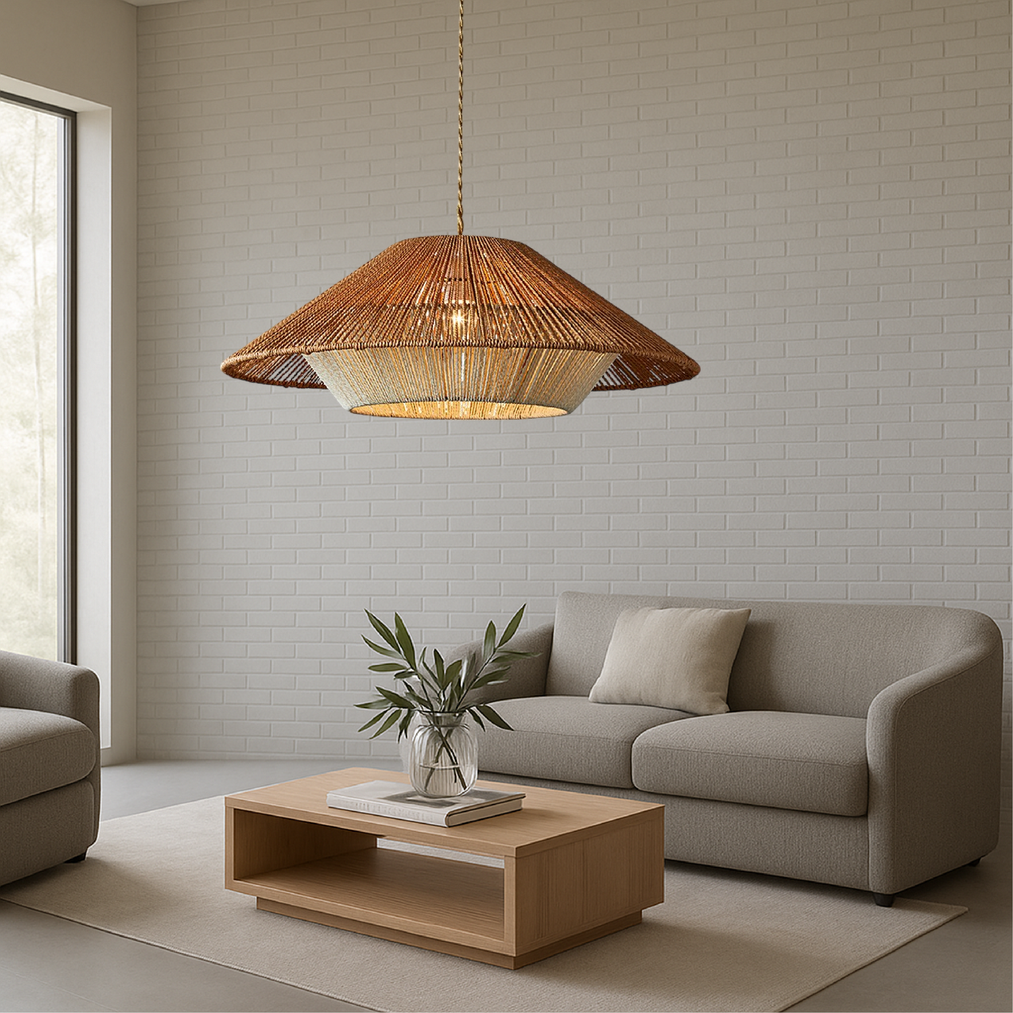 Bamboo woven pendant light with wide conical shade