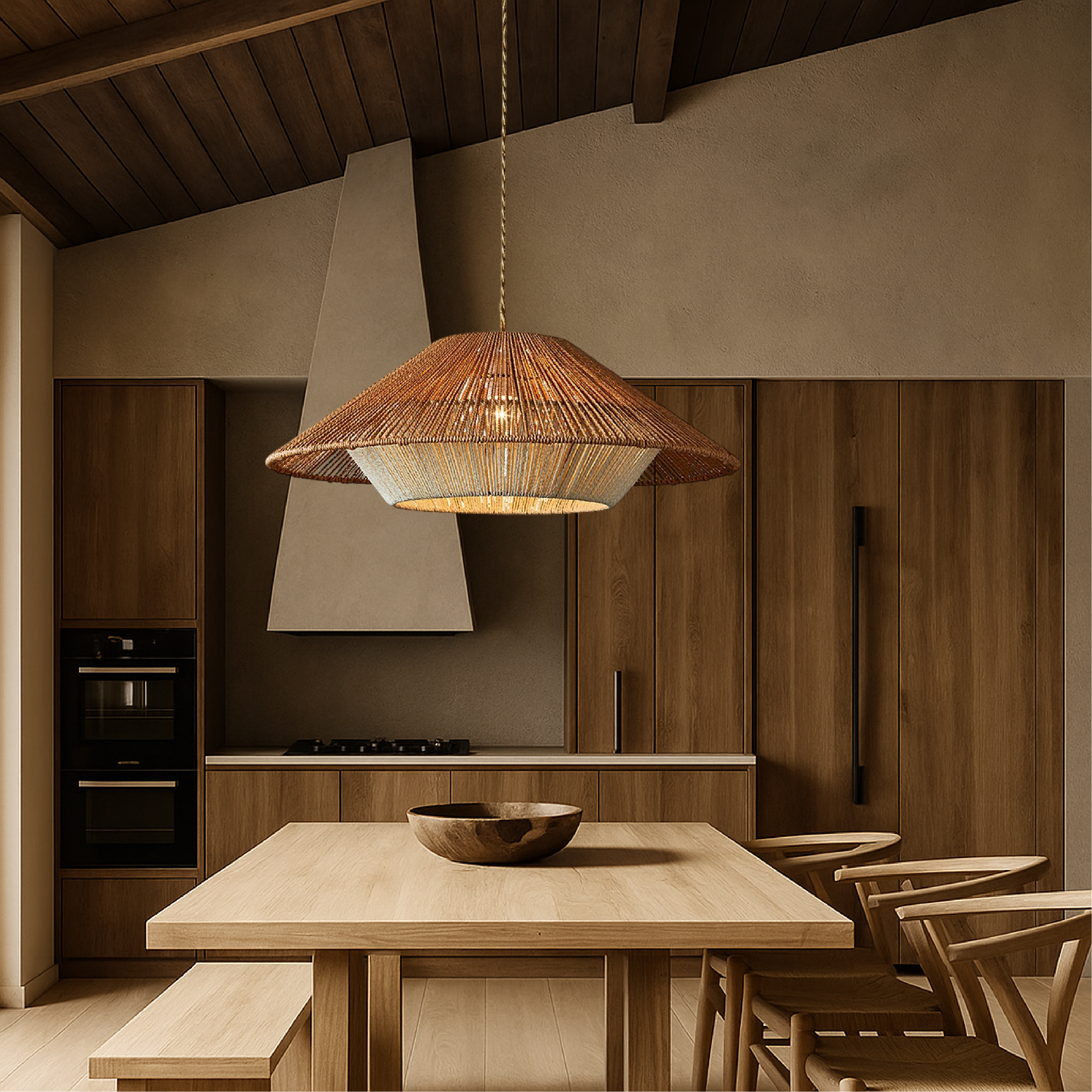 Bamboo woven pendant light with wide conical shade
