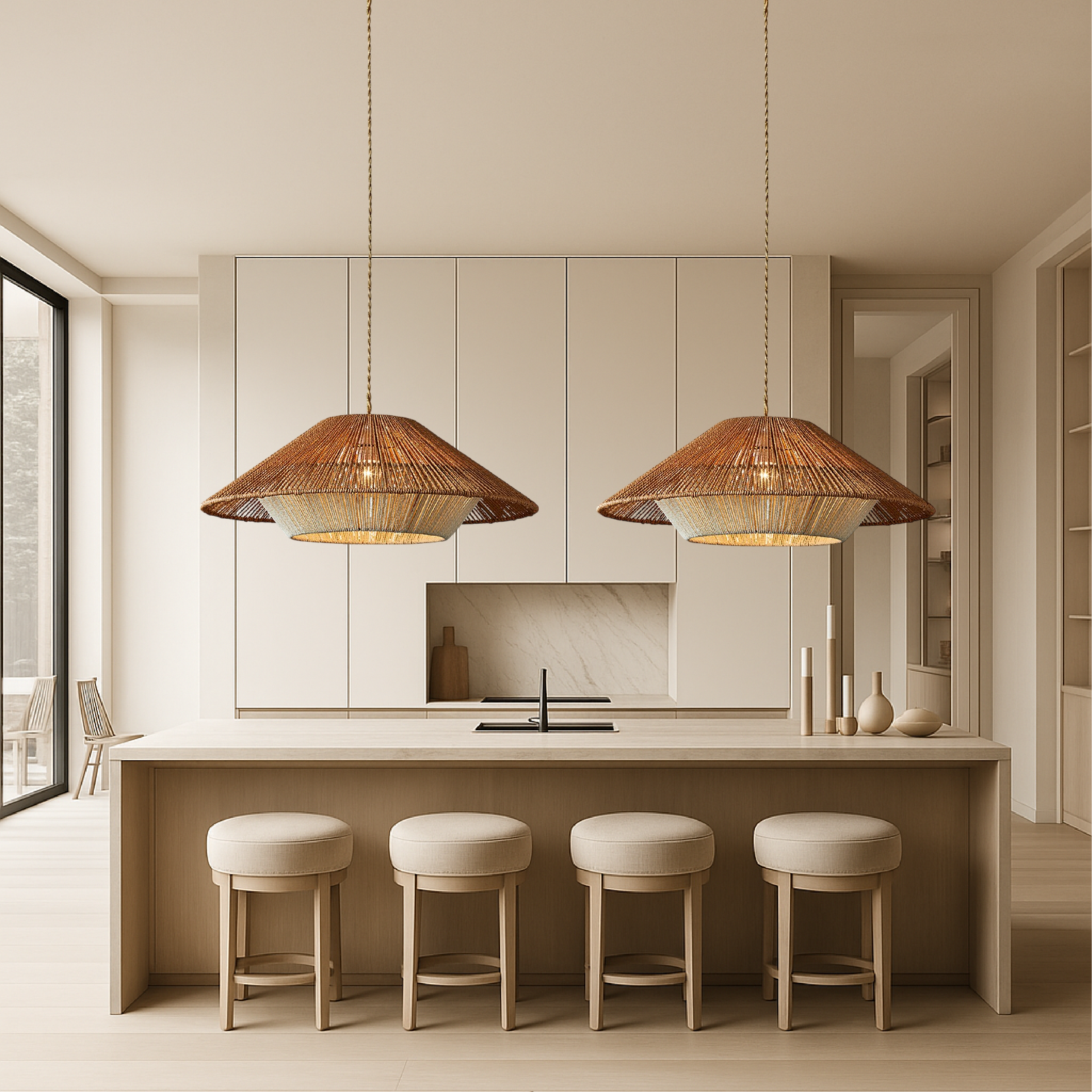 Bamboo woven pendant light with wide conical shade