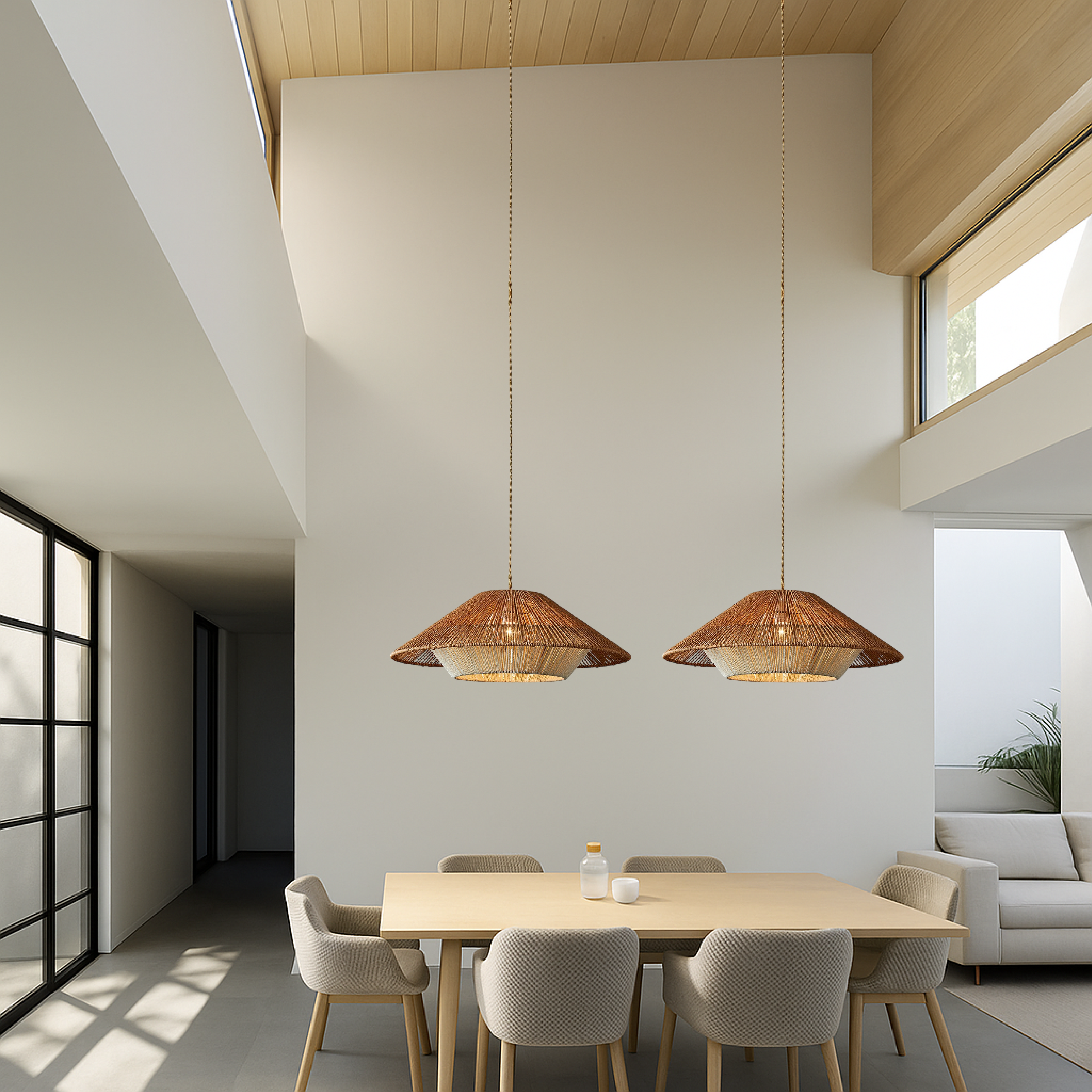 Bamboo woven pendant light with wide conical shade