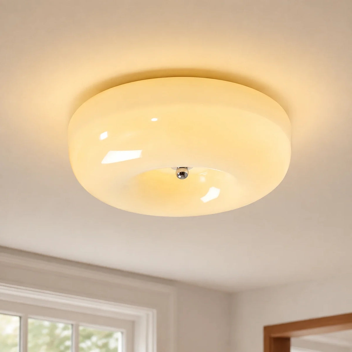 Bauhaus Glass Ceiling Light with Cream Pudding Shade
