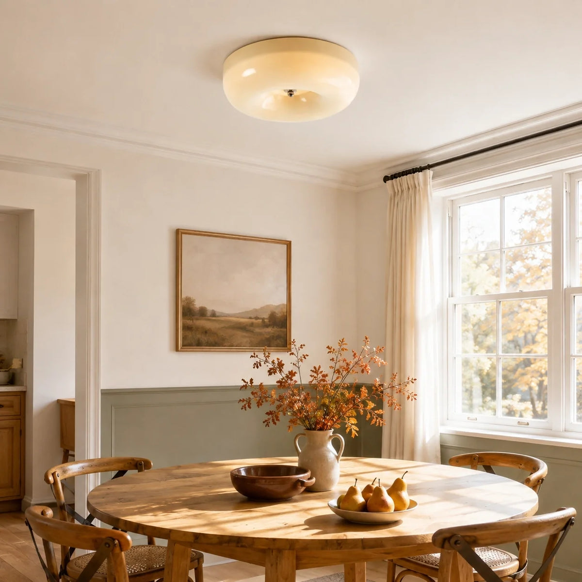 Bauhaus Glass Ceiling Light with Cream Pudding Shade