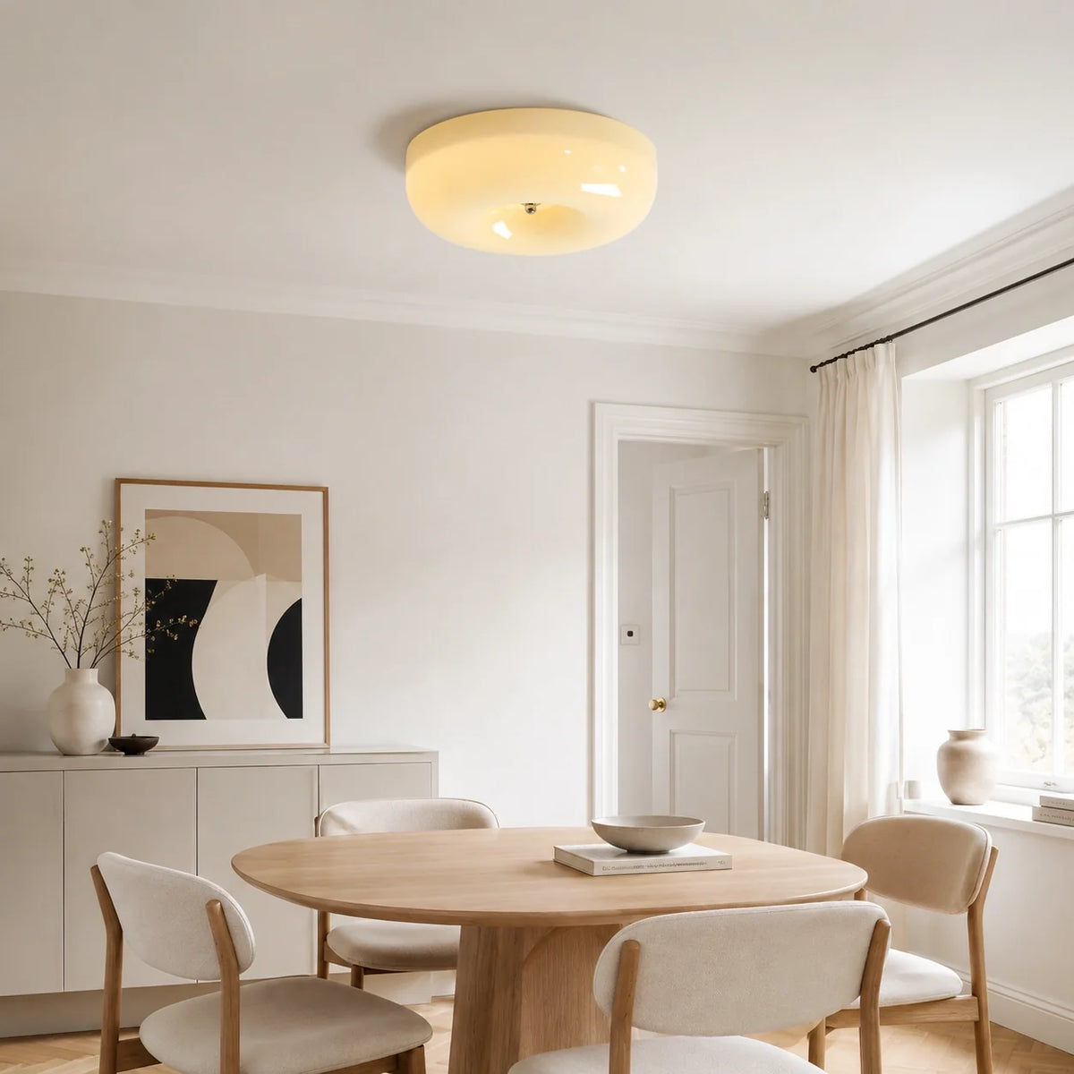Bauhaus Glass Ceiling Light with Cream Pudding Shade