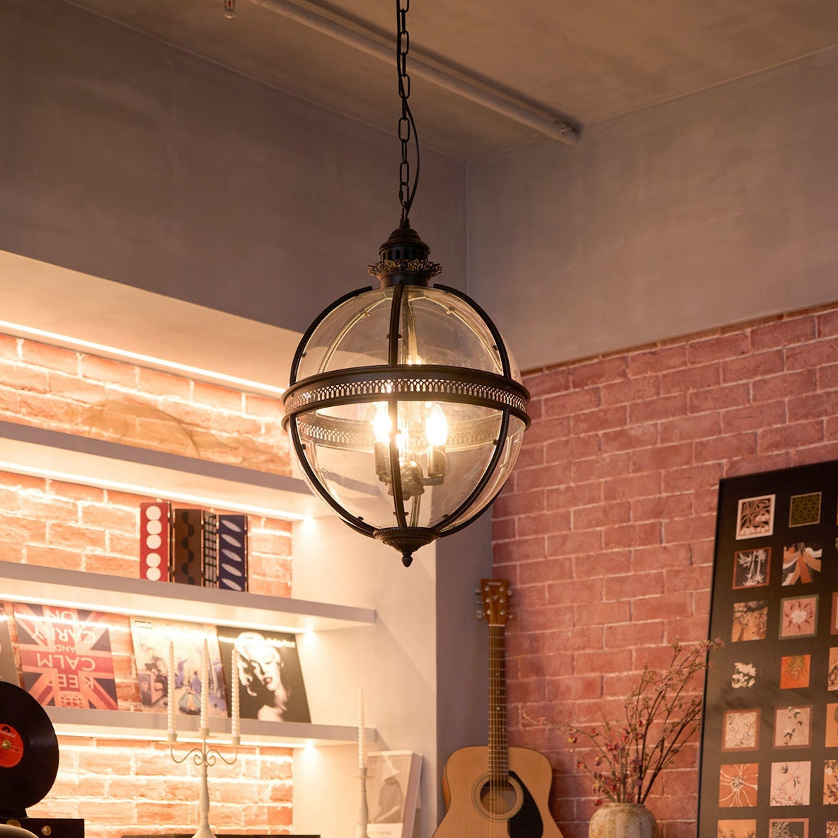 Vintage Glass Pendant Light Industrial Globe Hanging Fixture