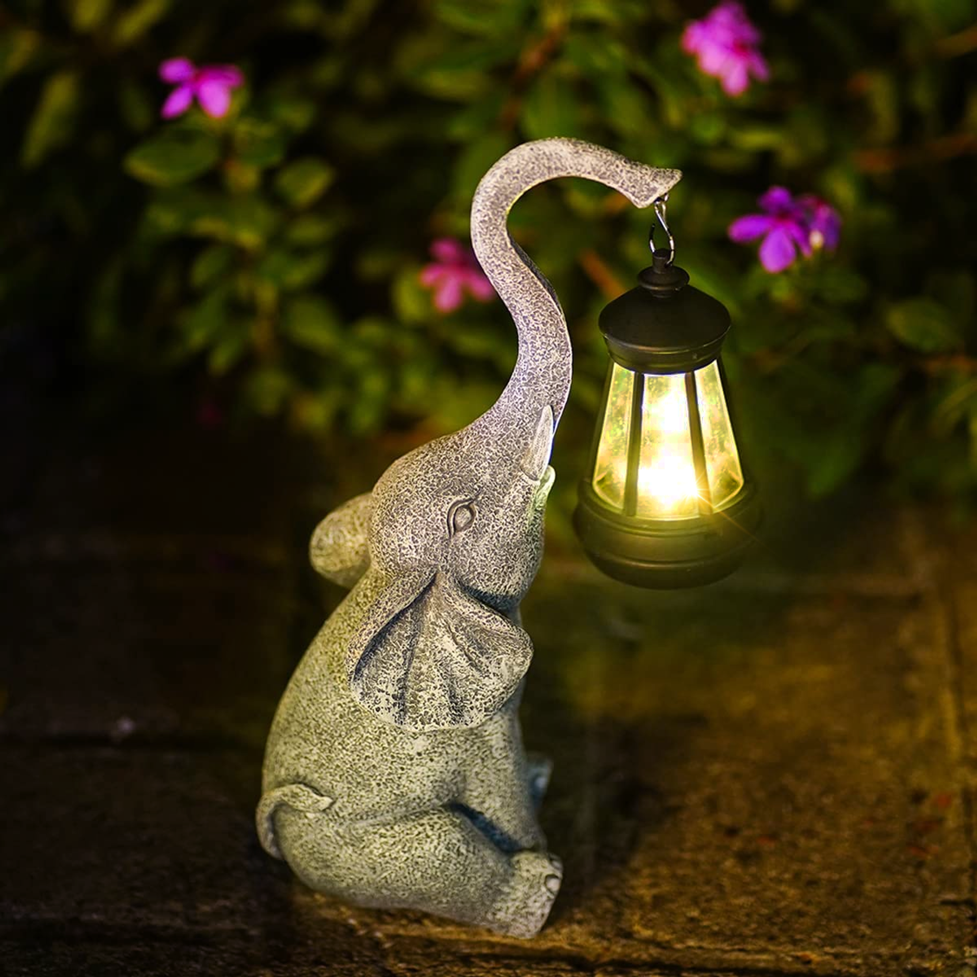 Grey Stone-Effect Elephant Solar Garden Lamp with Lantern