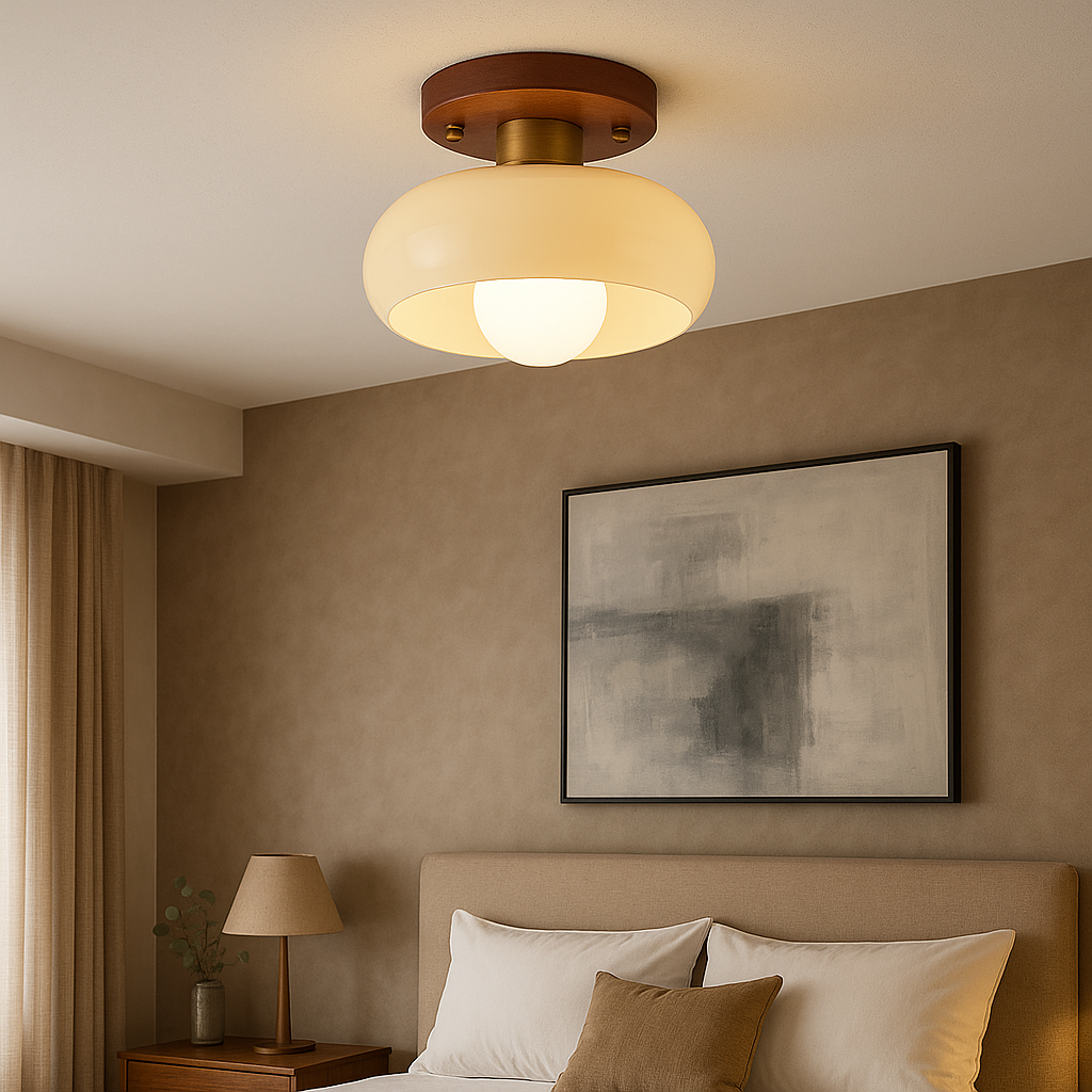 Wood & Cream Glass Flush Mount Ceiling Light