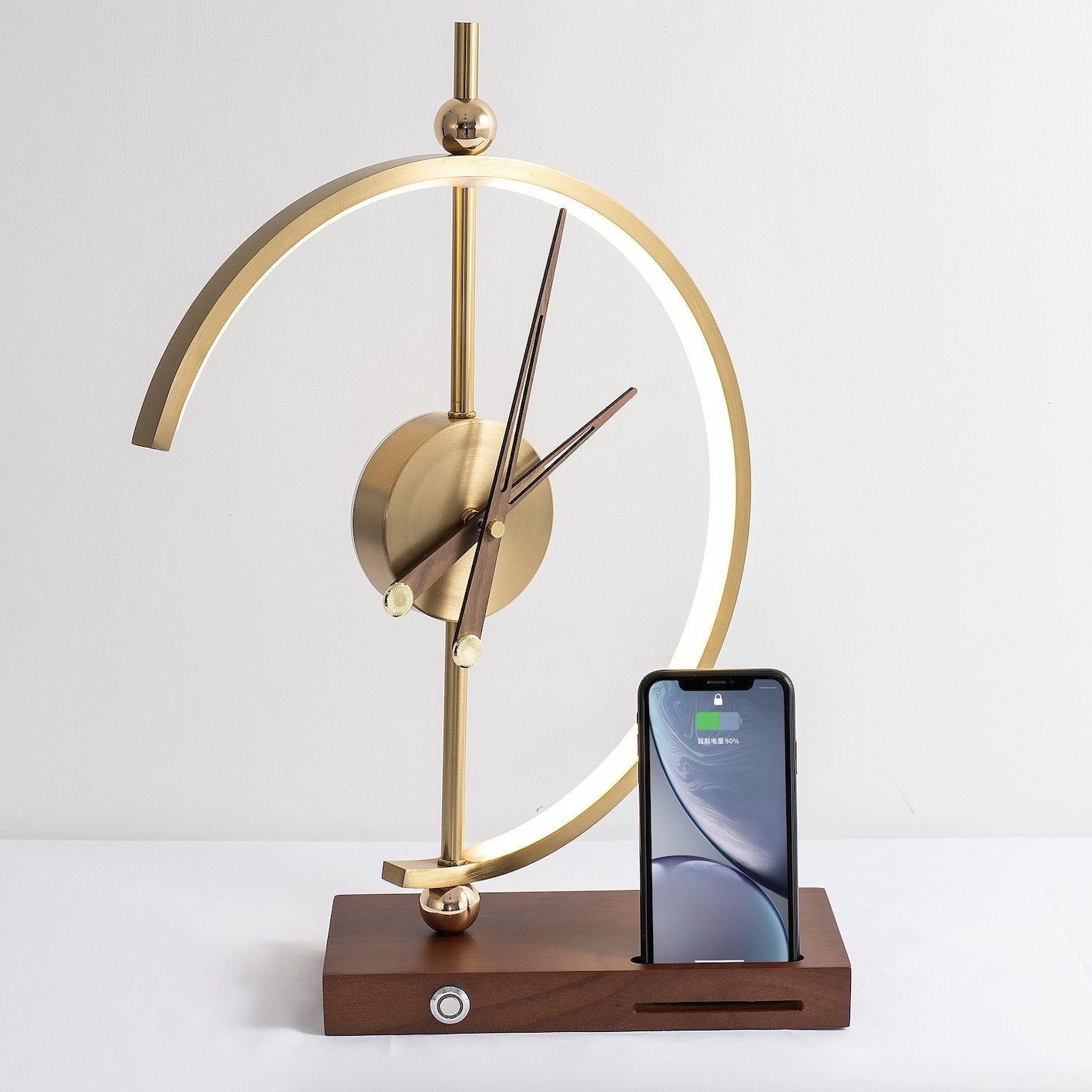 LED Table Lamp with Clock and Wooden Base