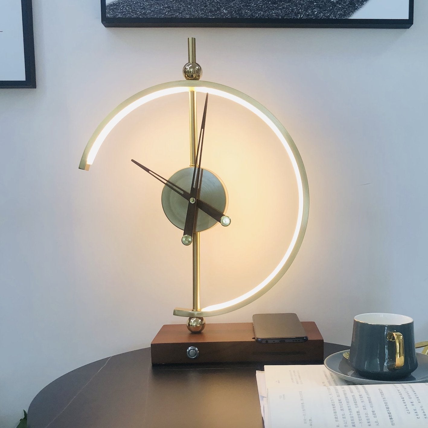 LED Table Lamp with Clock and Wooden Base