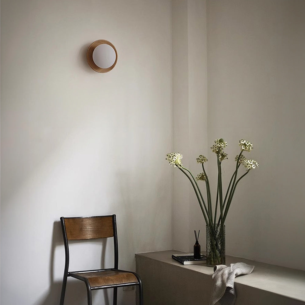 Round Wooden Wall Light with Frosted Globe Shade