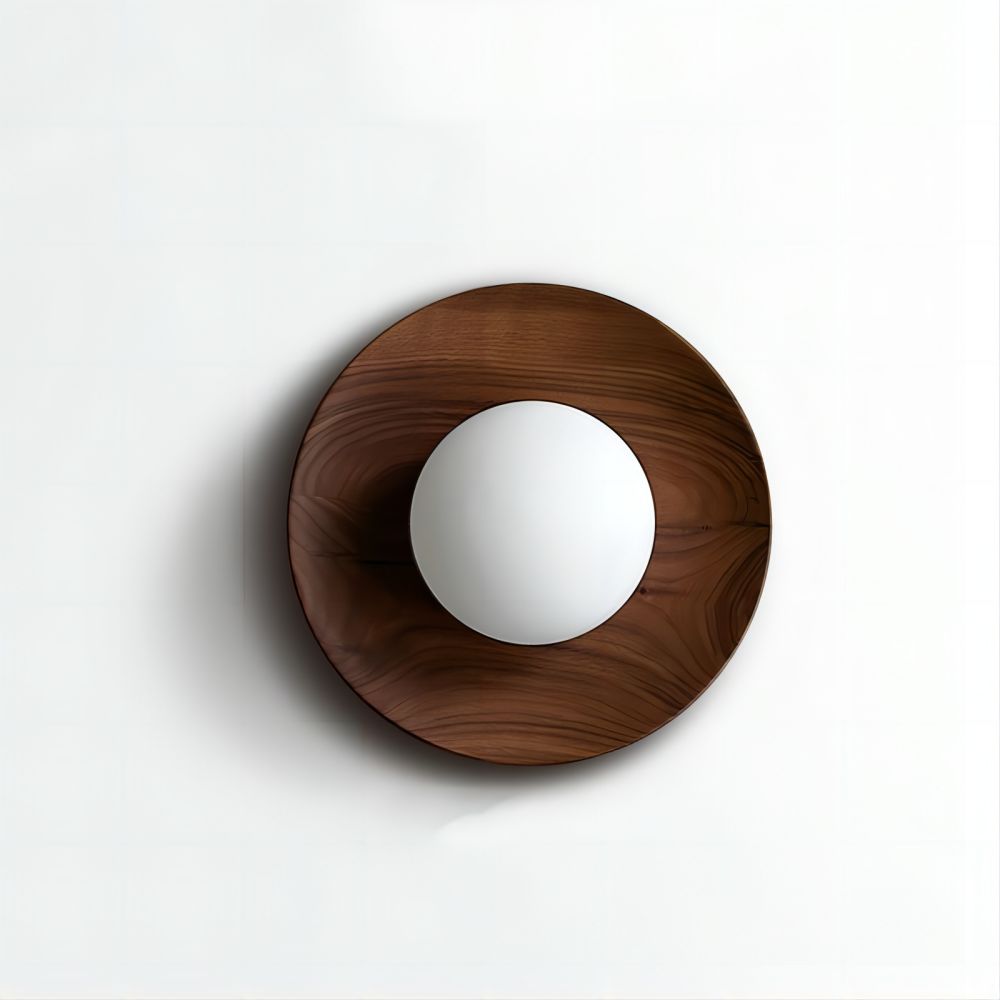 Round Wooden Wall Light with Frosted Globe Shade