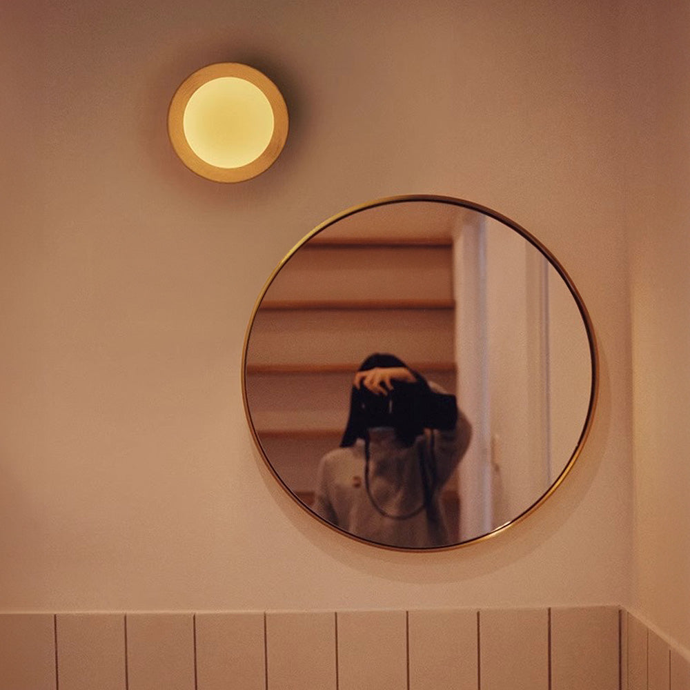 Round Wooden Wall Light with Frosted Globe Shade