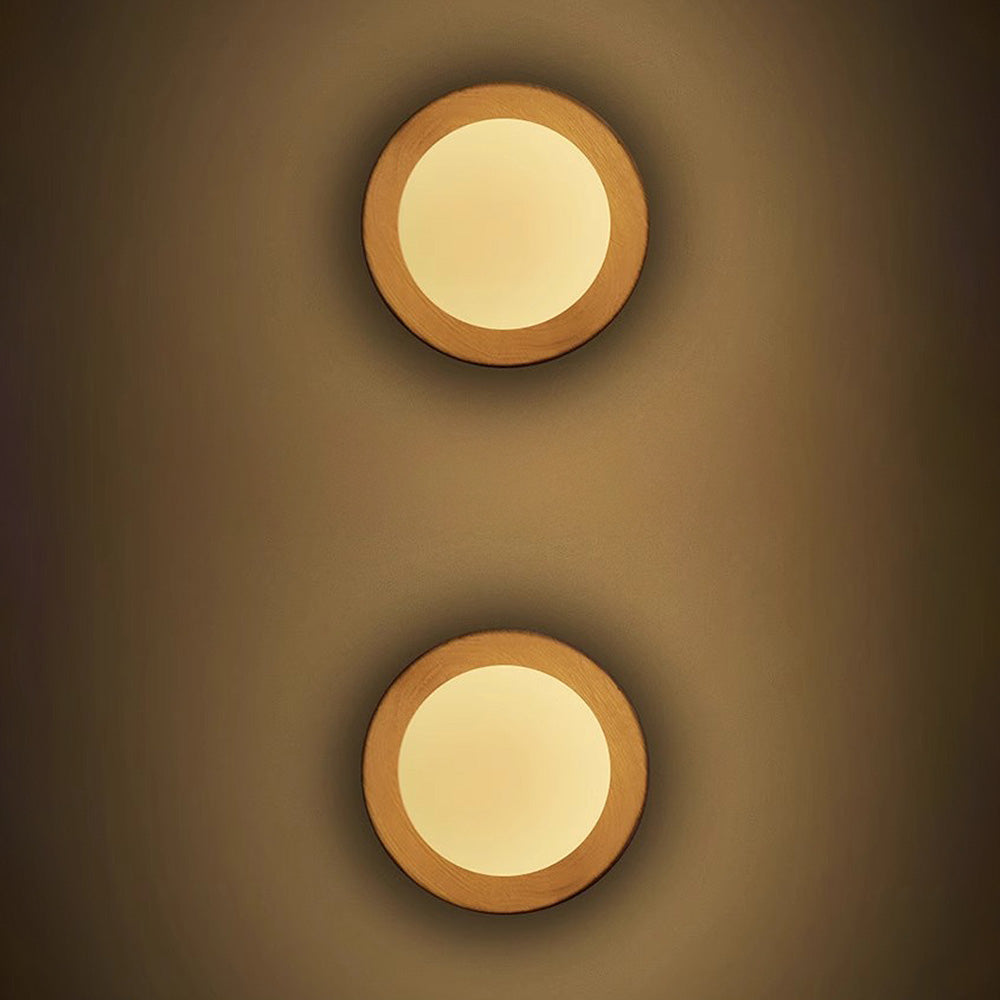 Round Wooden Wall Light with Frosted Globe Shade