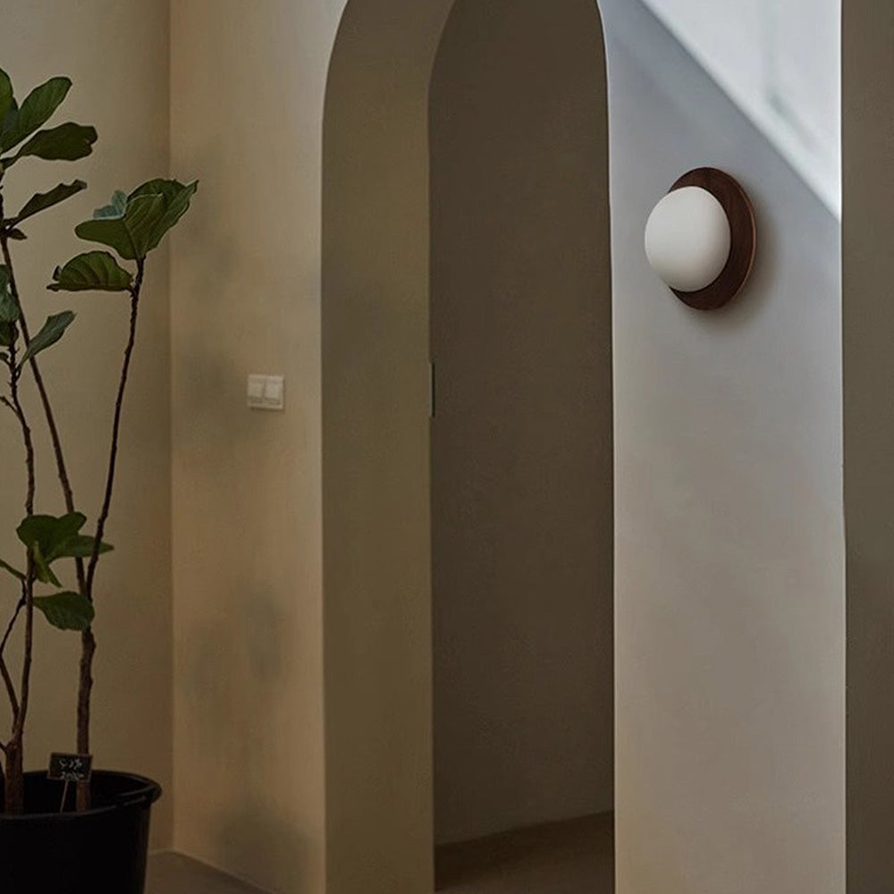 Round Wooden Wall Light with Frosted Globe Shade