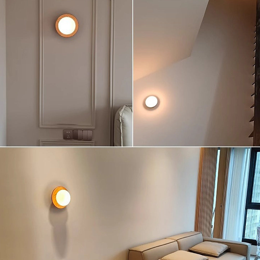 Round Wooden Wall Light with Frosted Globe Shade