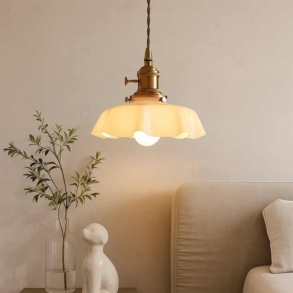 French style pendant light with scalloped cream glass shade