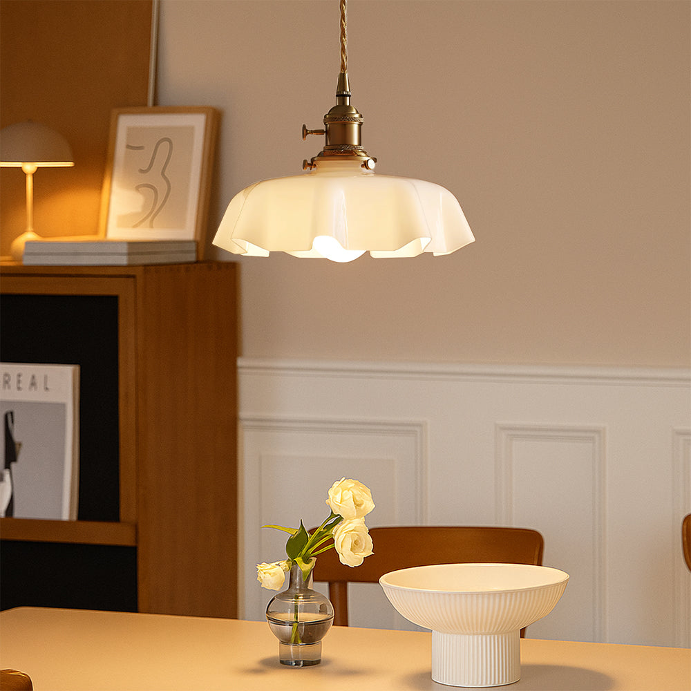 French style pendant light with scalloped cream glass shade