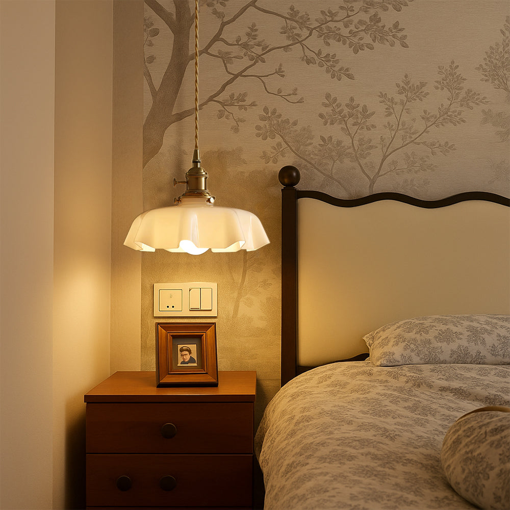 French style pendant light with scalloped cream glass shade