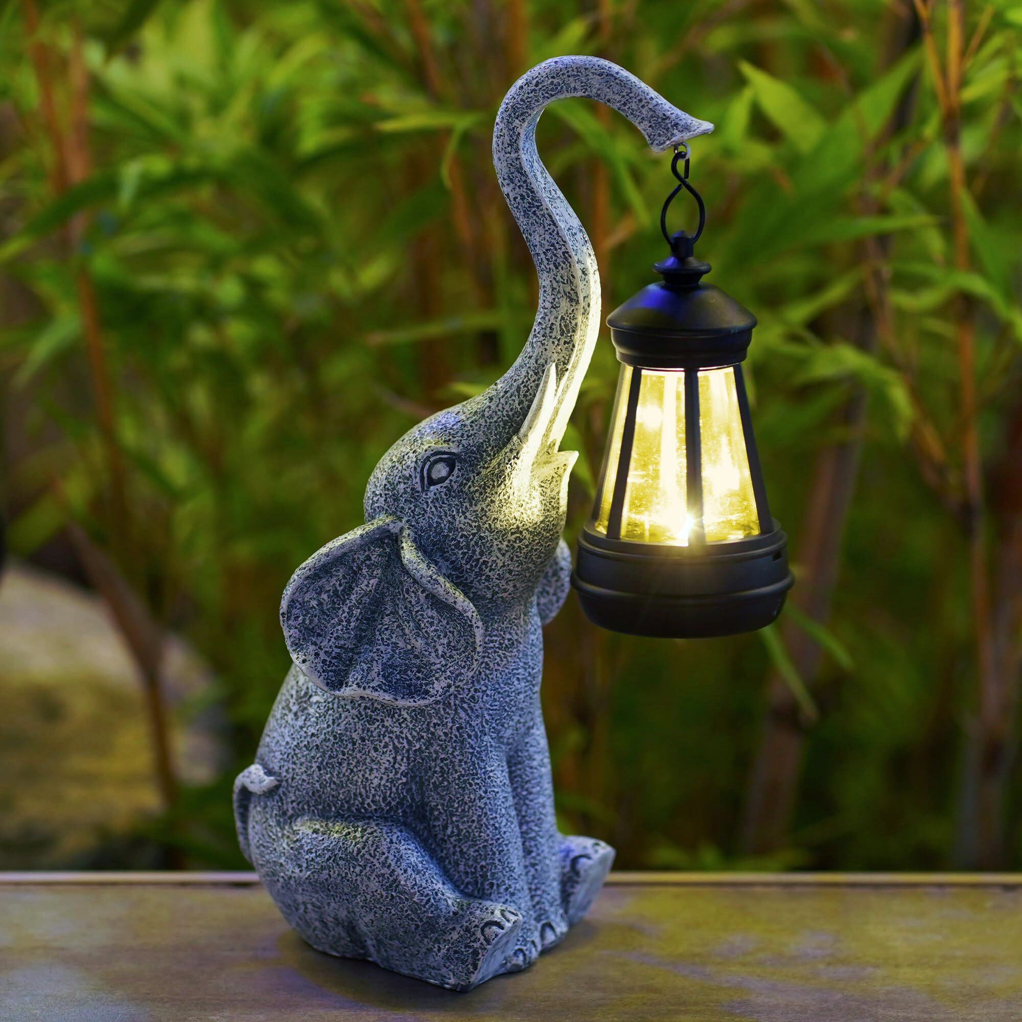 Grey Stone-Effect Elephant Solar Garden Lamp with Lantern