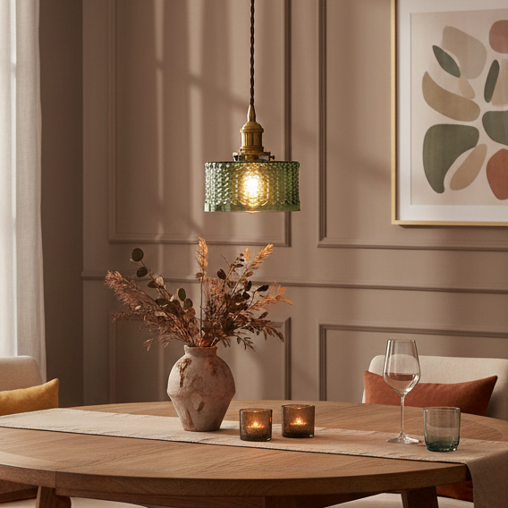 Brass Textured Glass Round Ceiling Pendant Light