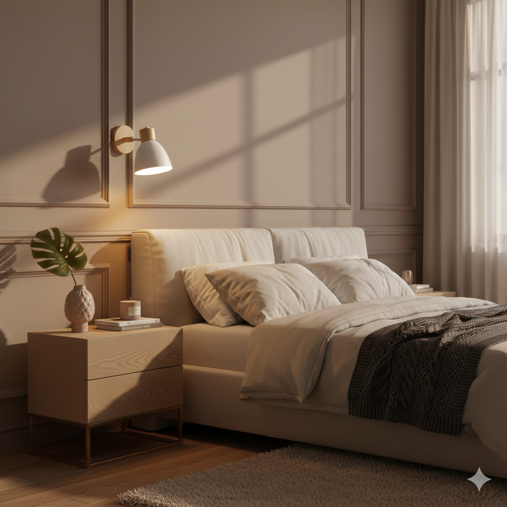 Wandlamp met houten bevestiging en metalen kegelvormige kap