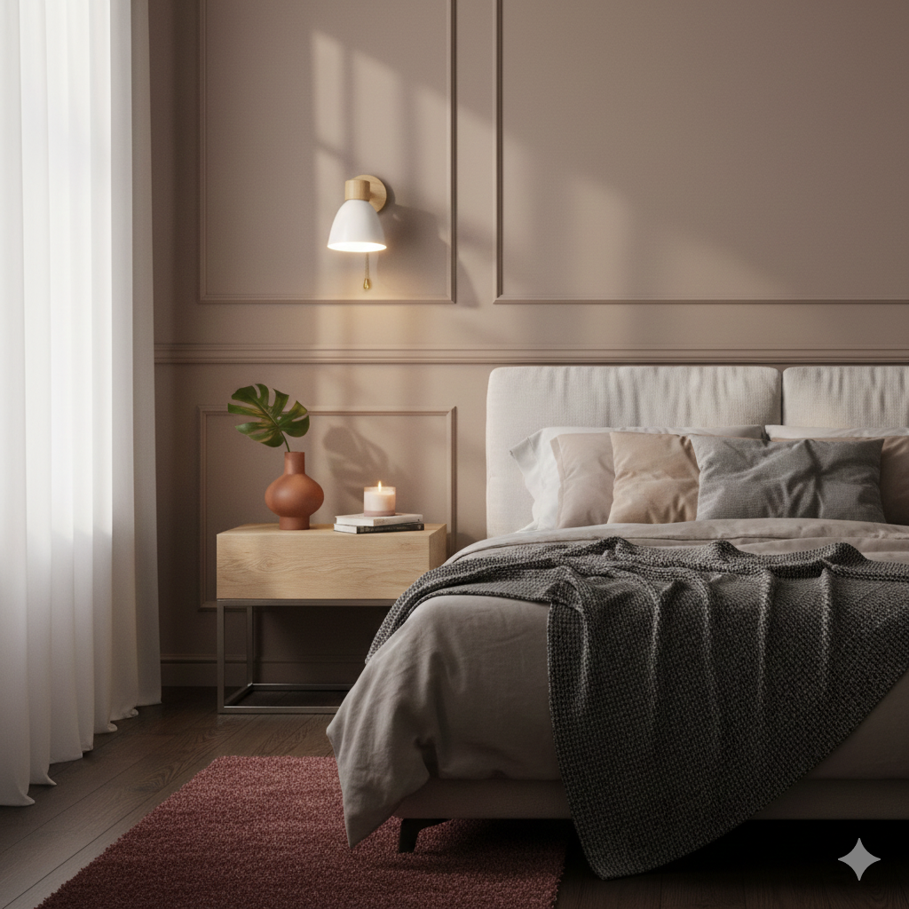 Wandlamp met houten bevestiging en metalen kegelvormige kap