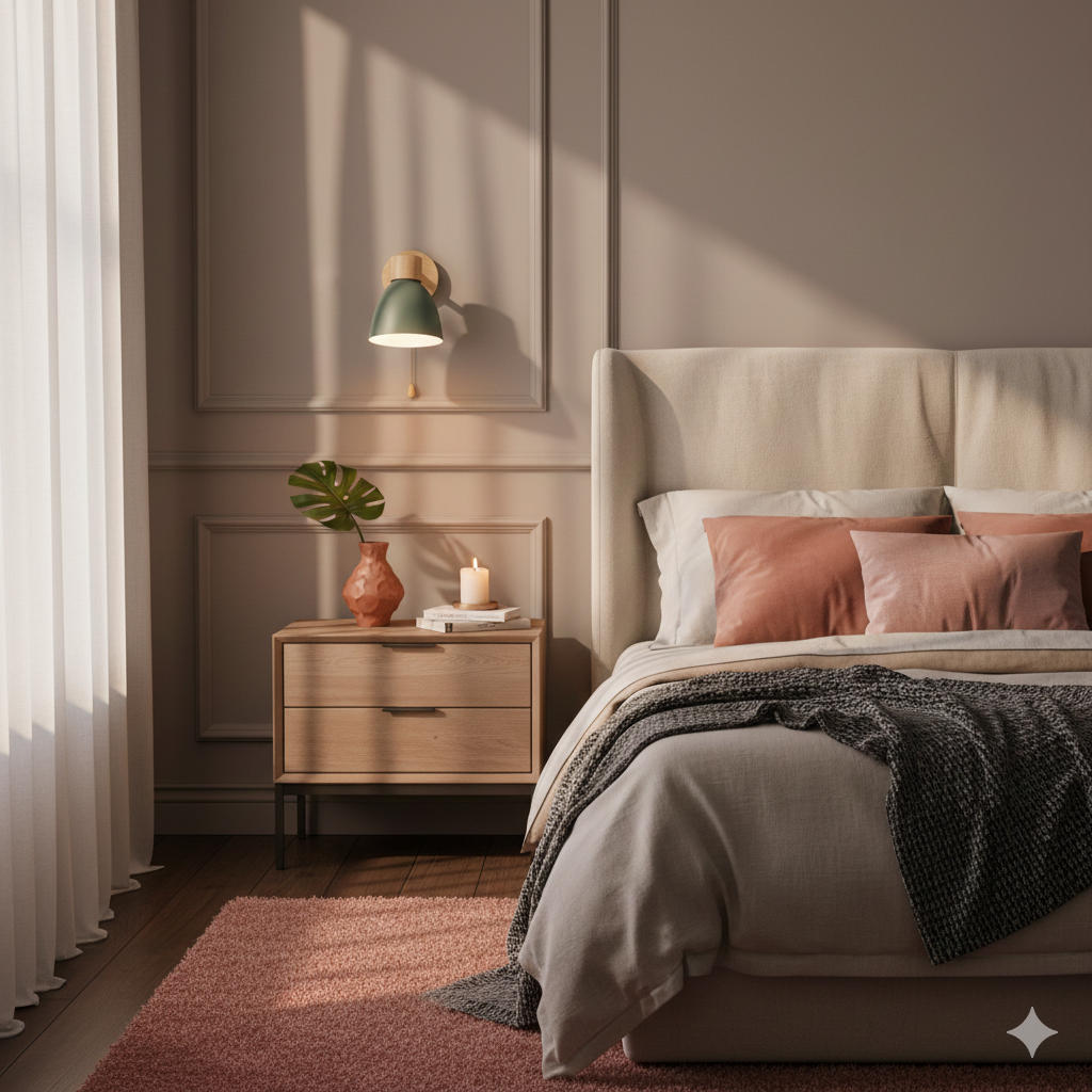 Wandlamp met houten bevestiging en metalen kegelvormige kap