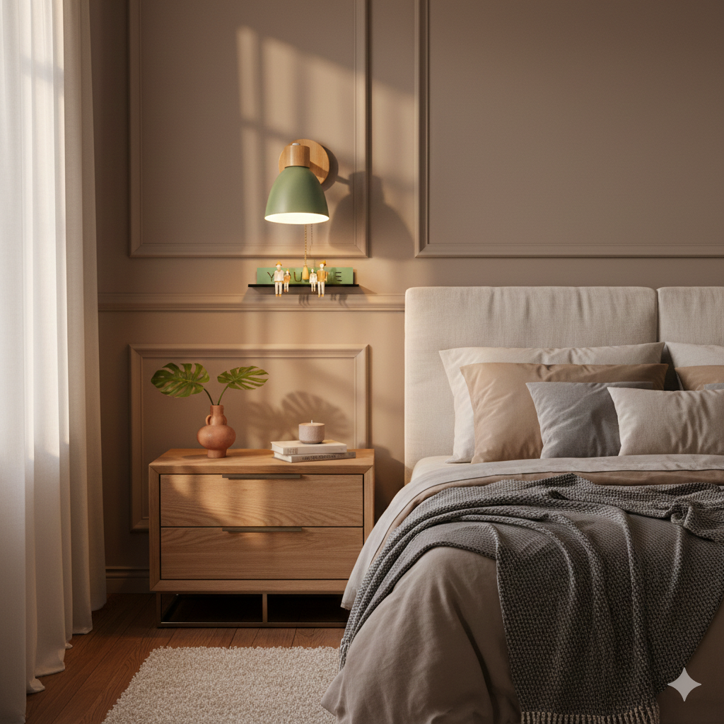 Wandlamp met houten bevestiging en metalen kegelvormige kap