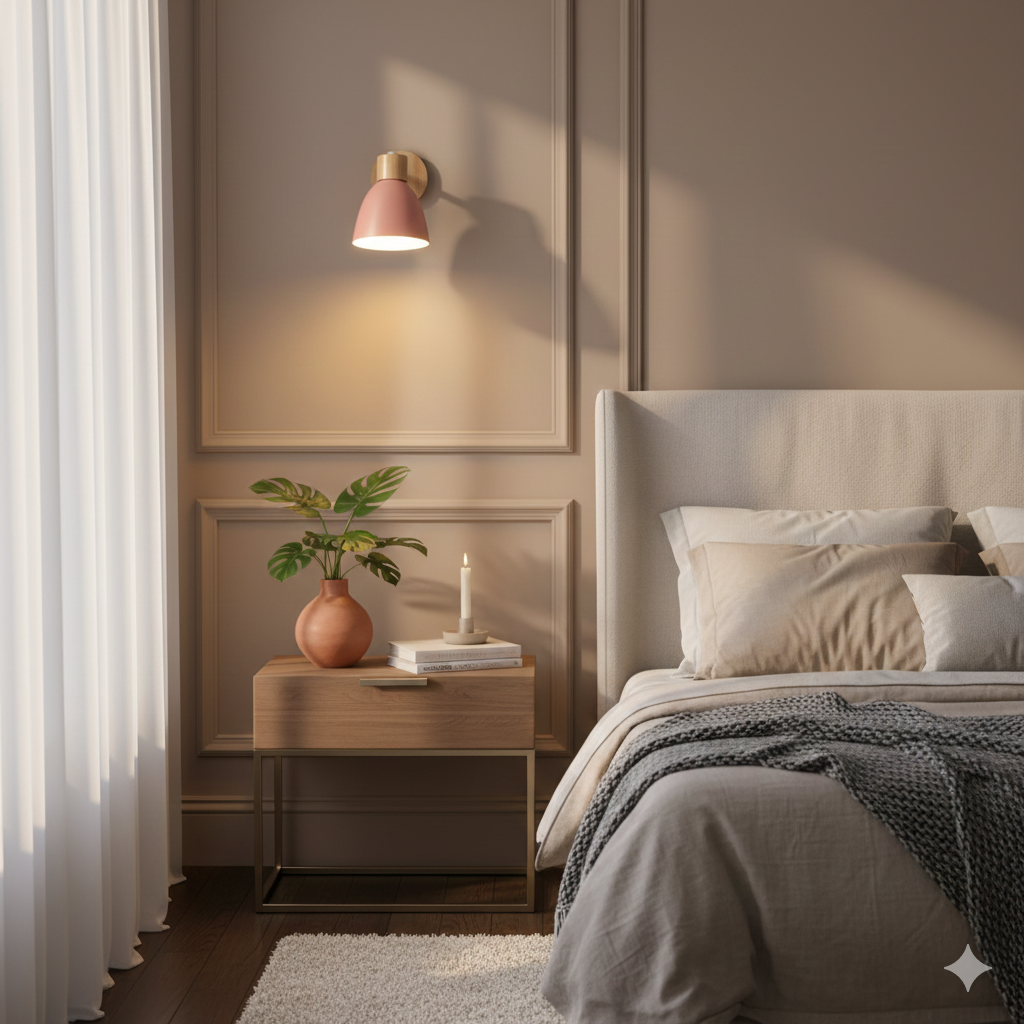 Wandlamp met houten bevestiging en metalen kegelvormige kap