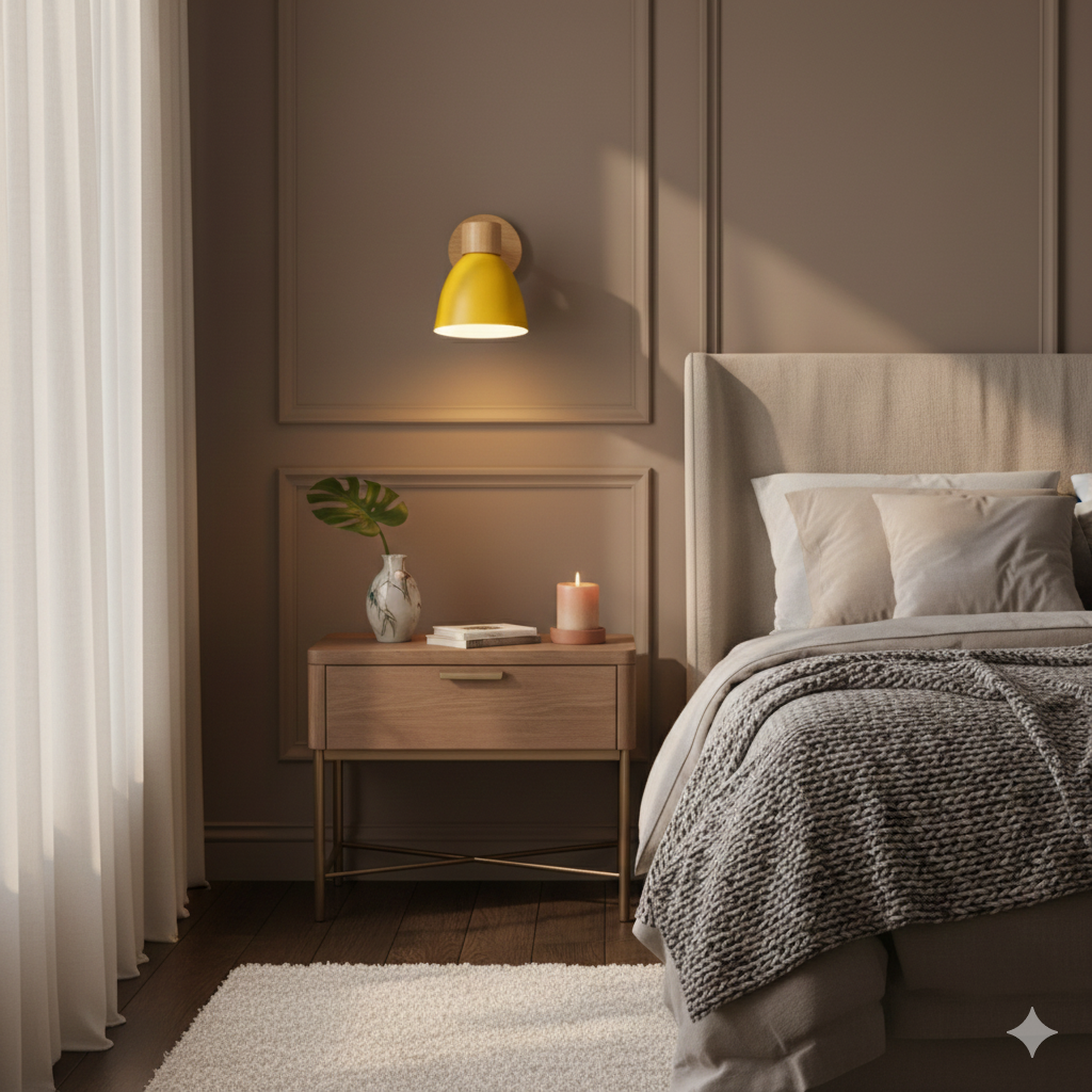 Wandlamp met houten bevestiging en metalen kegelvormige kap
