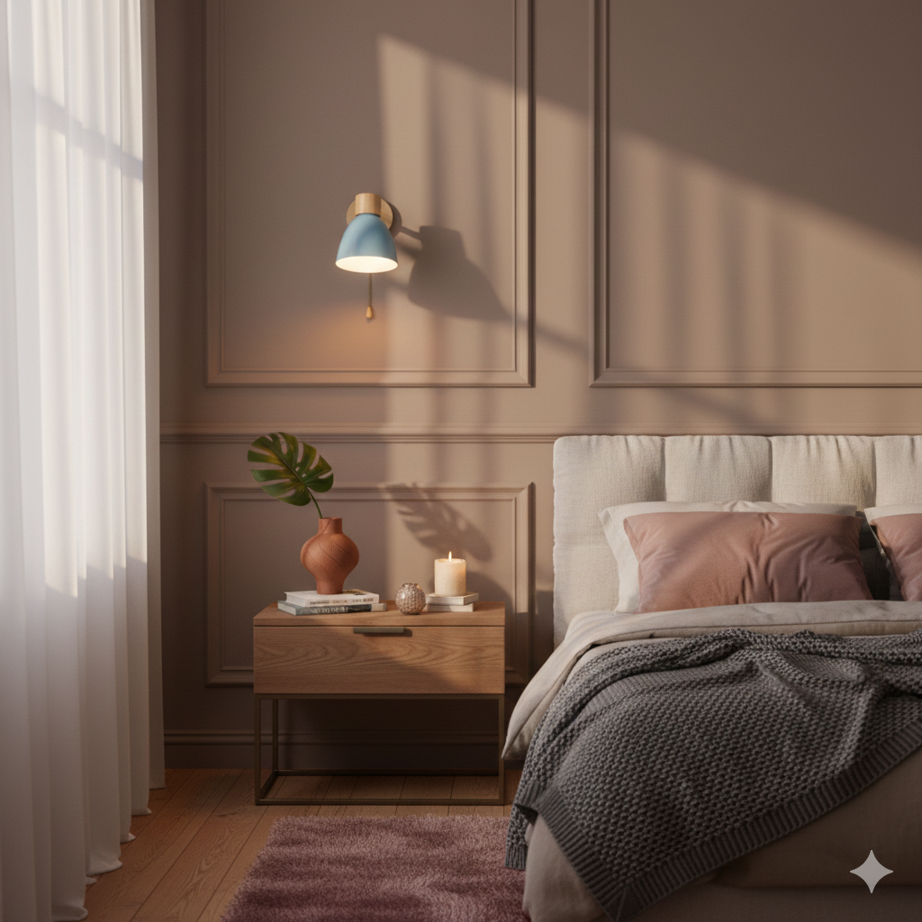 Wandlamp met houten bevestiging en metalen kegelvormige kap