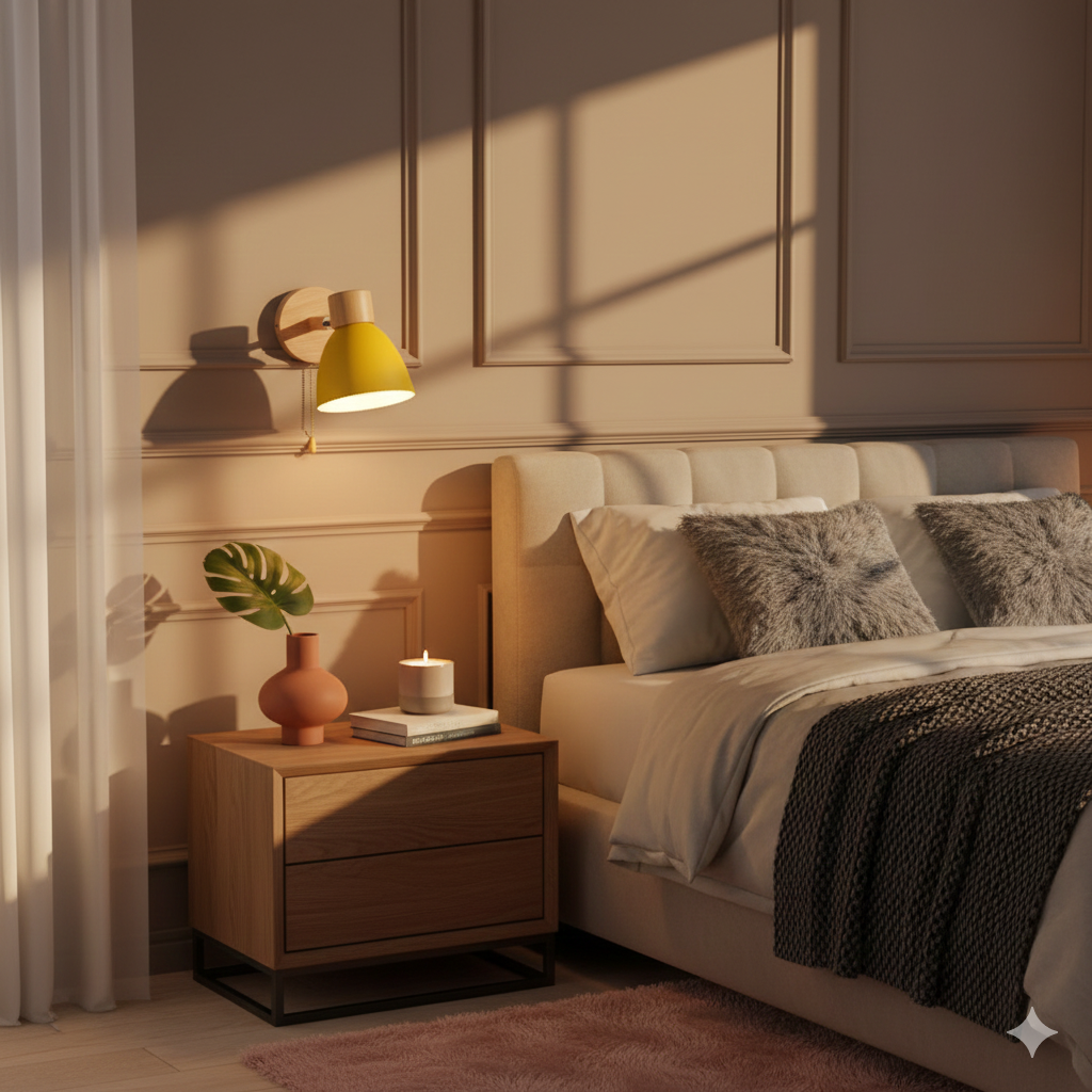 Wandlamp met houten bevestiging en metalen kegelvormige kap
