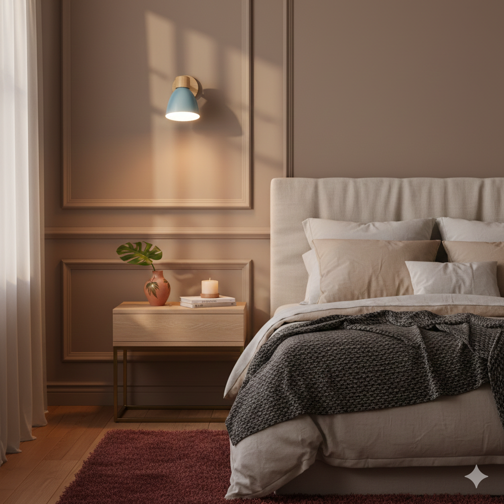 Wandlamp met houten bevestiging en metalen kegelvormige kap