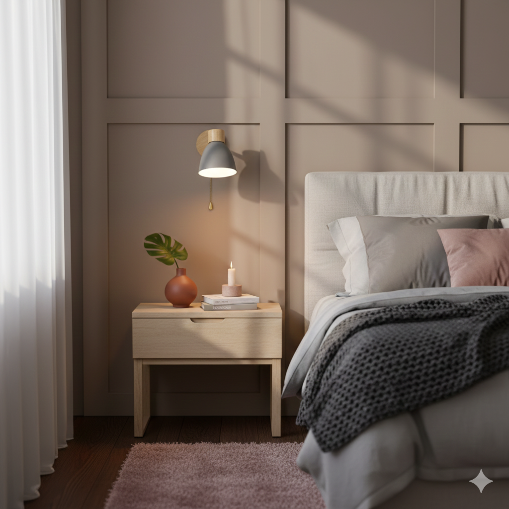 Wandlamp met houten bevestiging en metalen kegelvormige kap