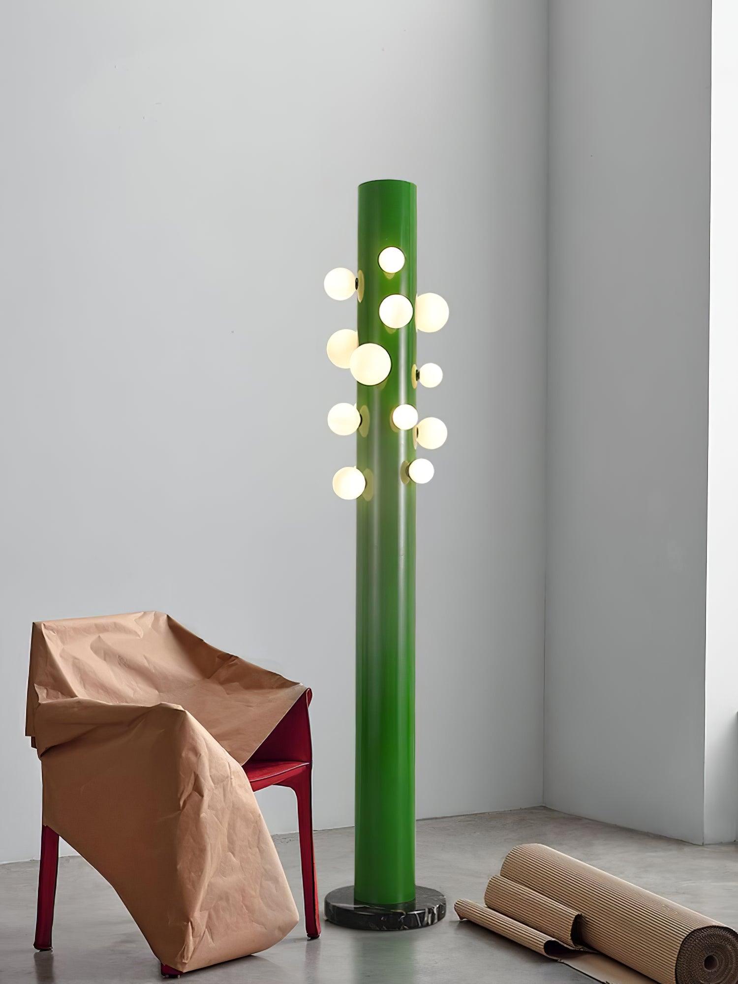 Green Floor Lamp with Vertical Column and Globe Lights