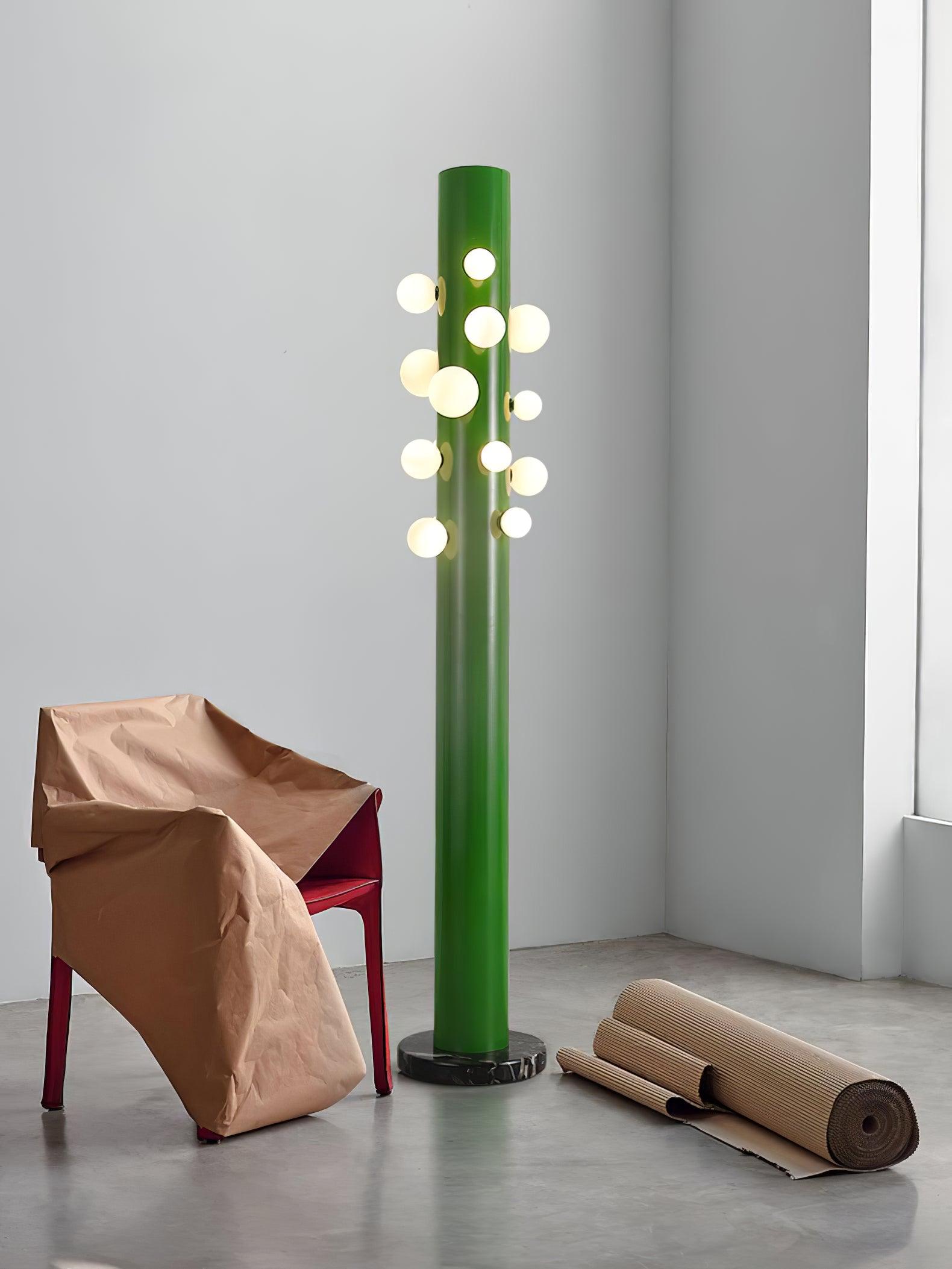 Green Floor Lamp with Vertical Column and Globe Lights