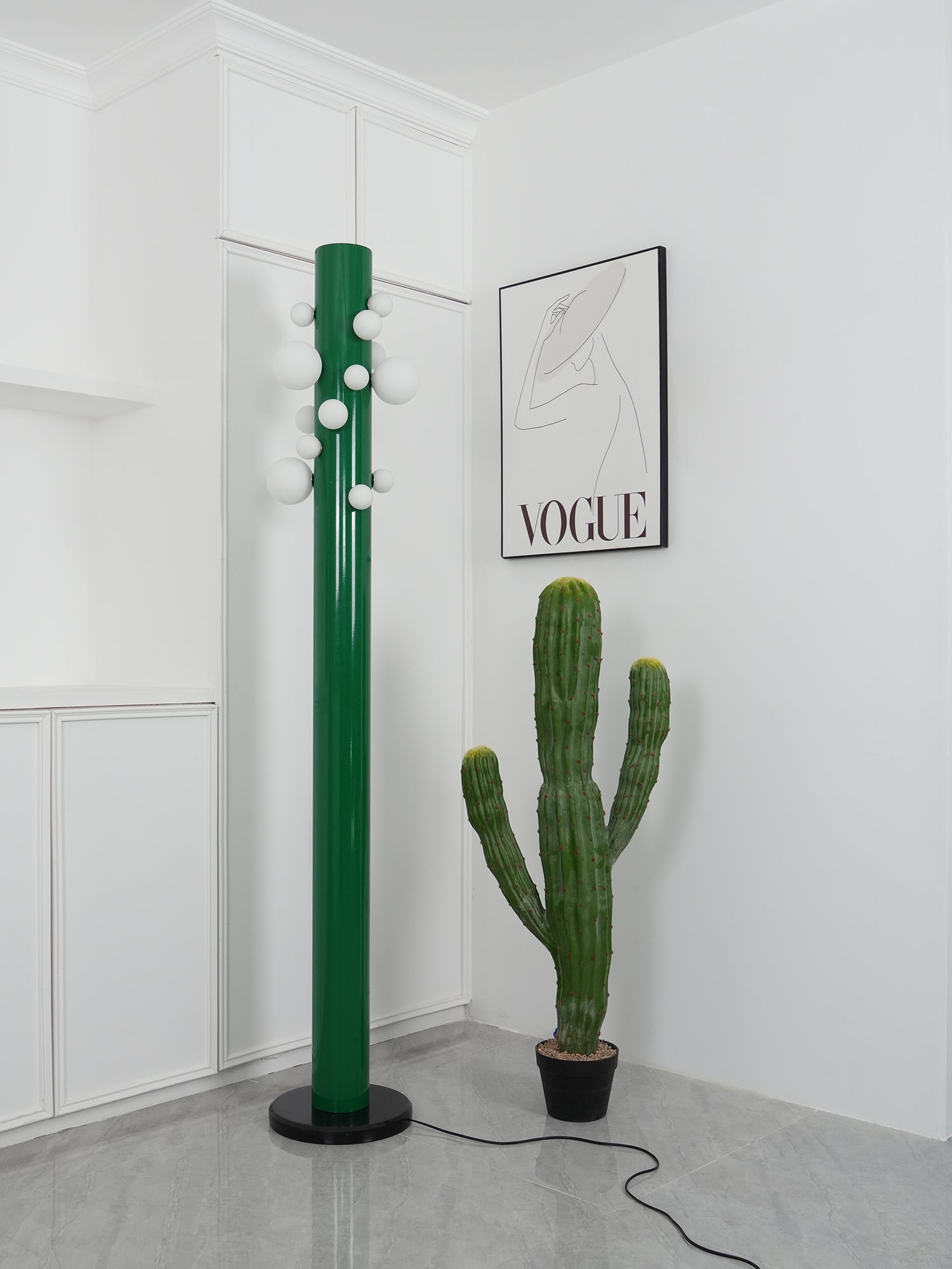 Green Floor Lamp with Vertical Column and Globe Lights