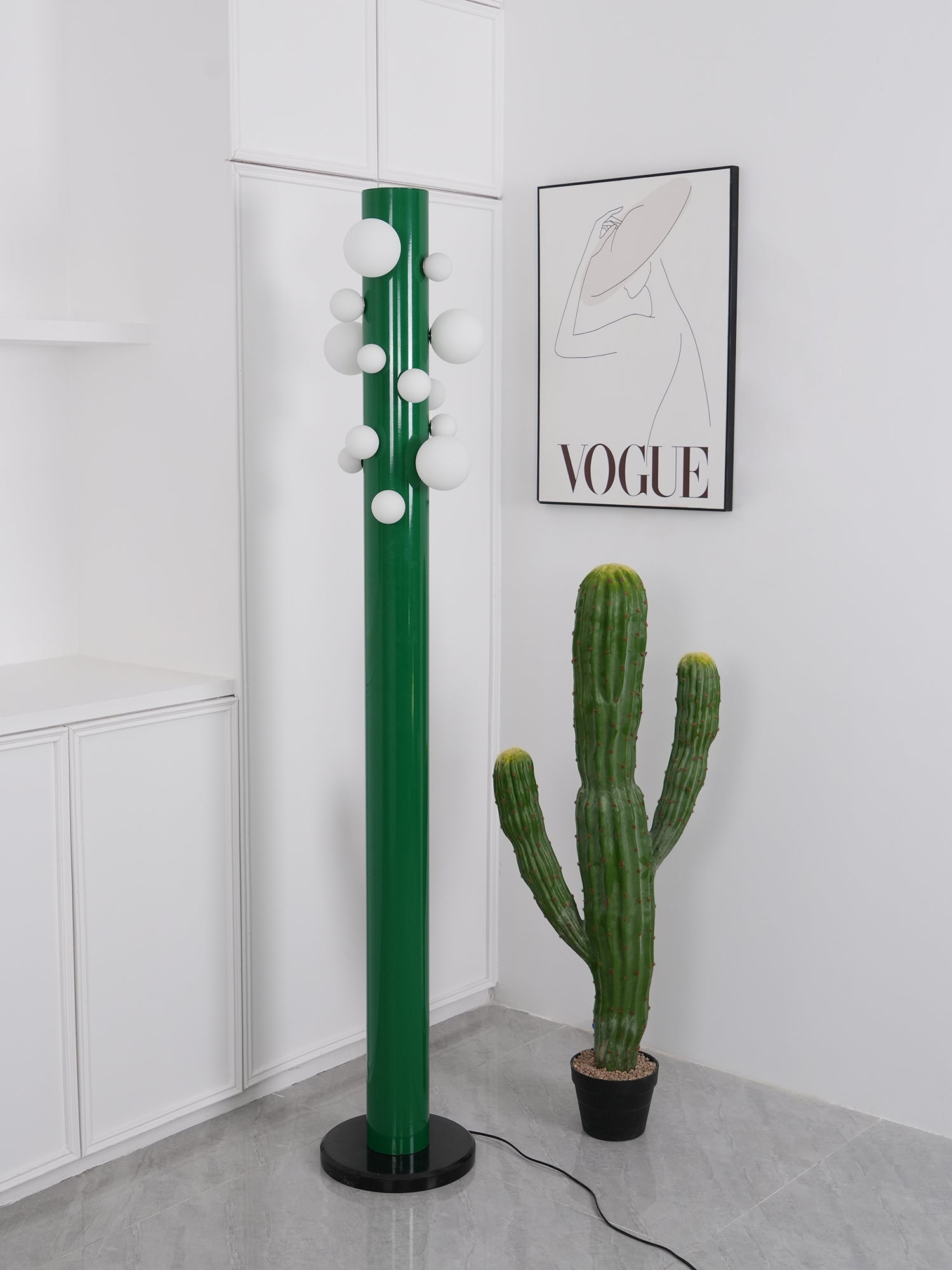 Green Floor Lamp with Vertical Column and Globe Lights