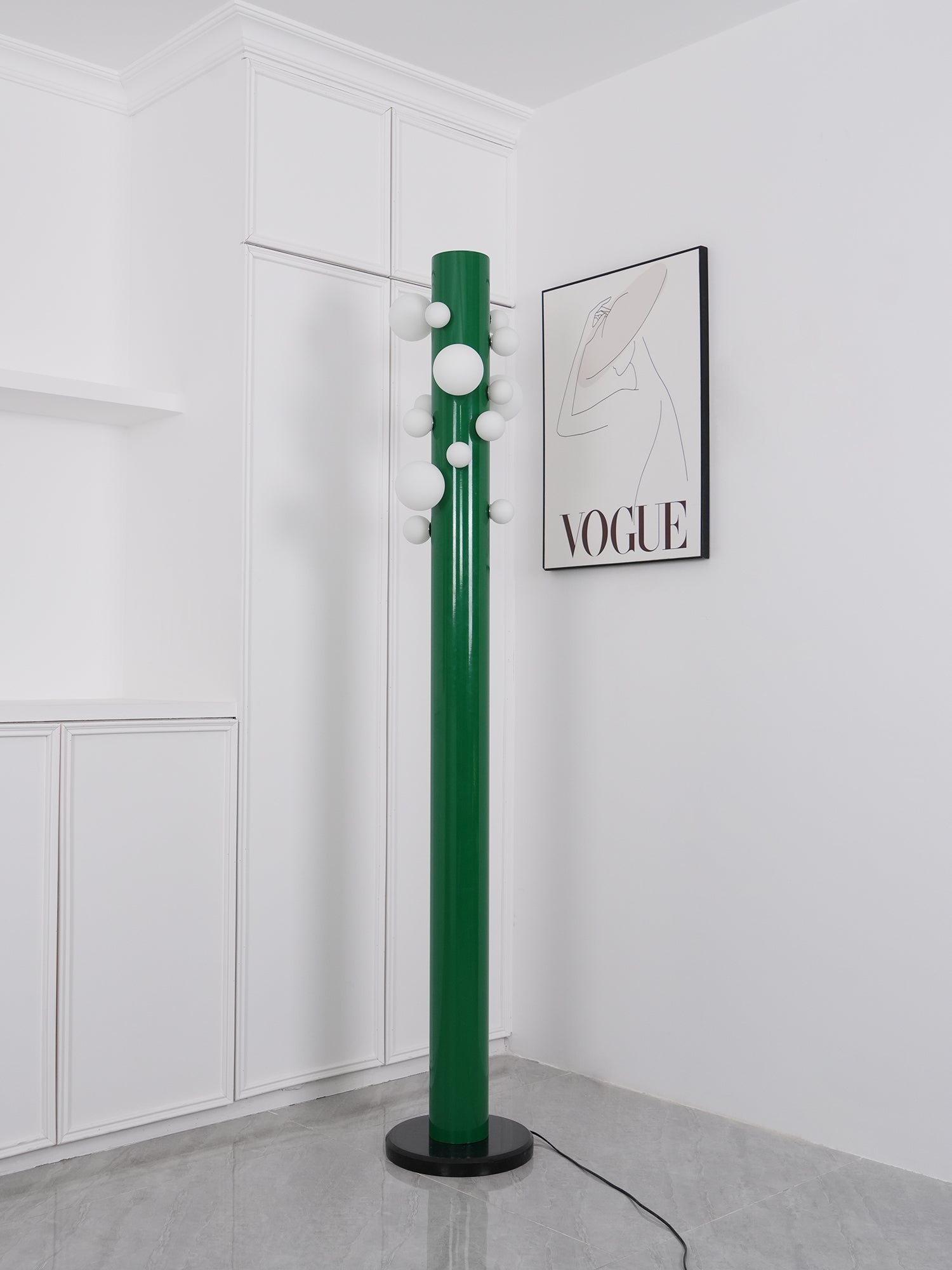 Green Floor Lamp with Vertical Column and Globe Lights