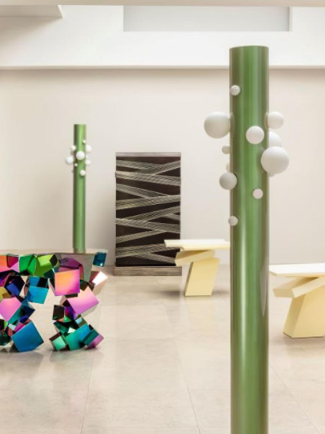 Green Floor Lamp with Vertical Column and Globe Lights