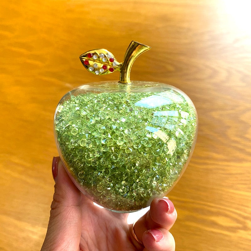 Sparkling Crystal Apple Ornament with Golden Leaf Detail