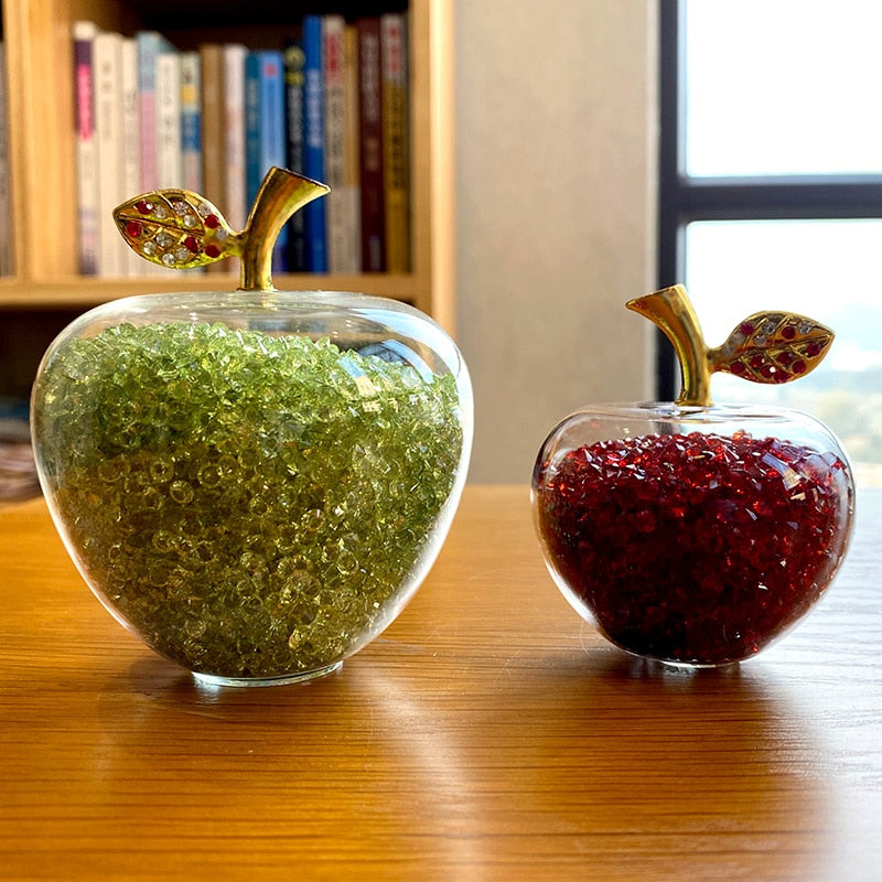 Sparkling Crystal Apple Ornament with Golden Leaf Detail