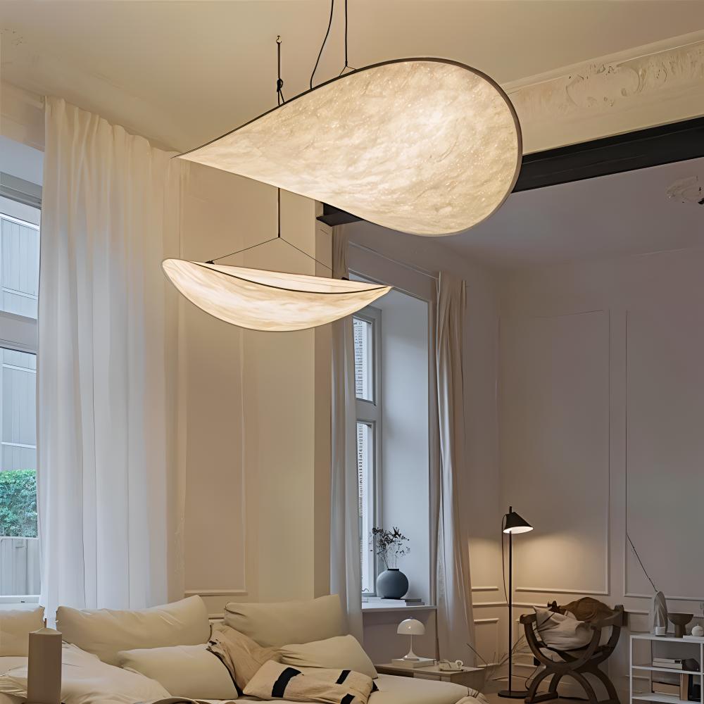 Hanging LED ceiling lamp with wave shaped panel