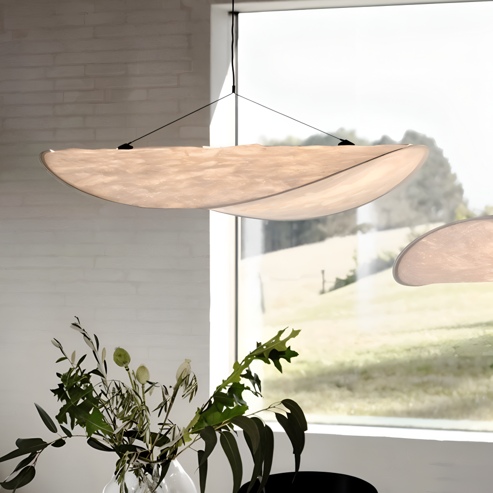 Hanging LED ceiling lamp with wave shaped panel