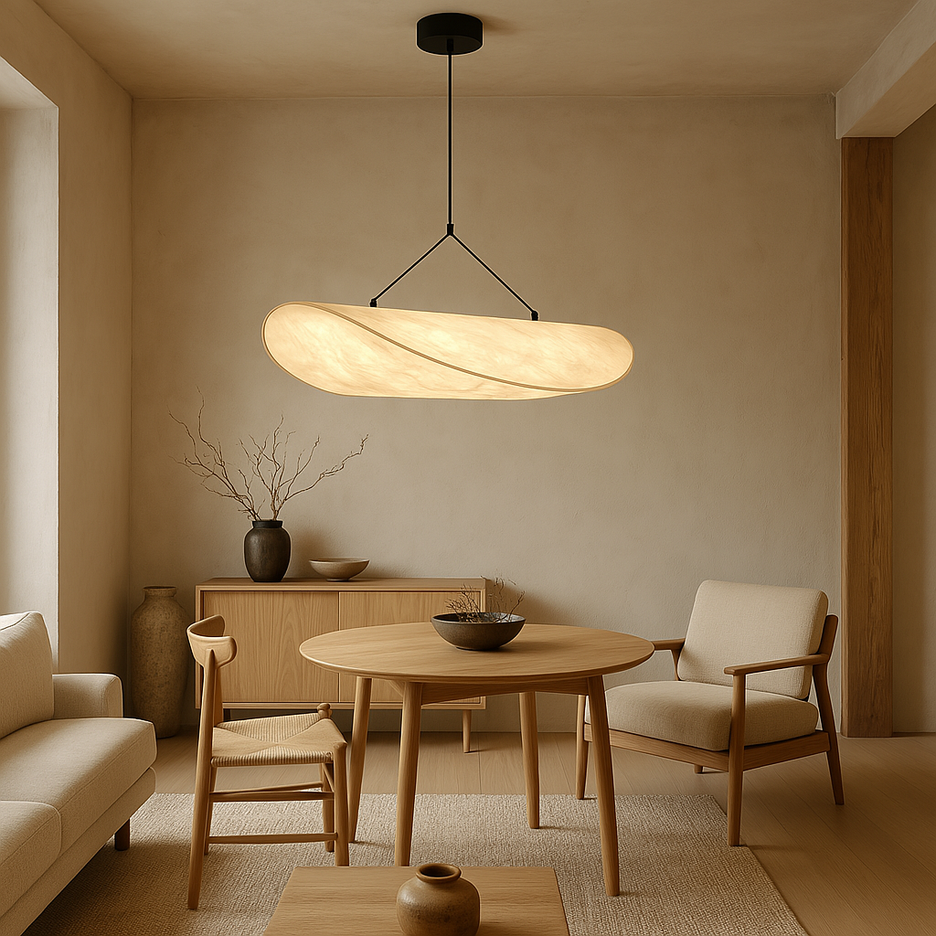 Hanging ceiling lamp with oval wave shaped shade