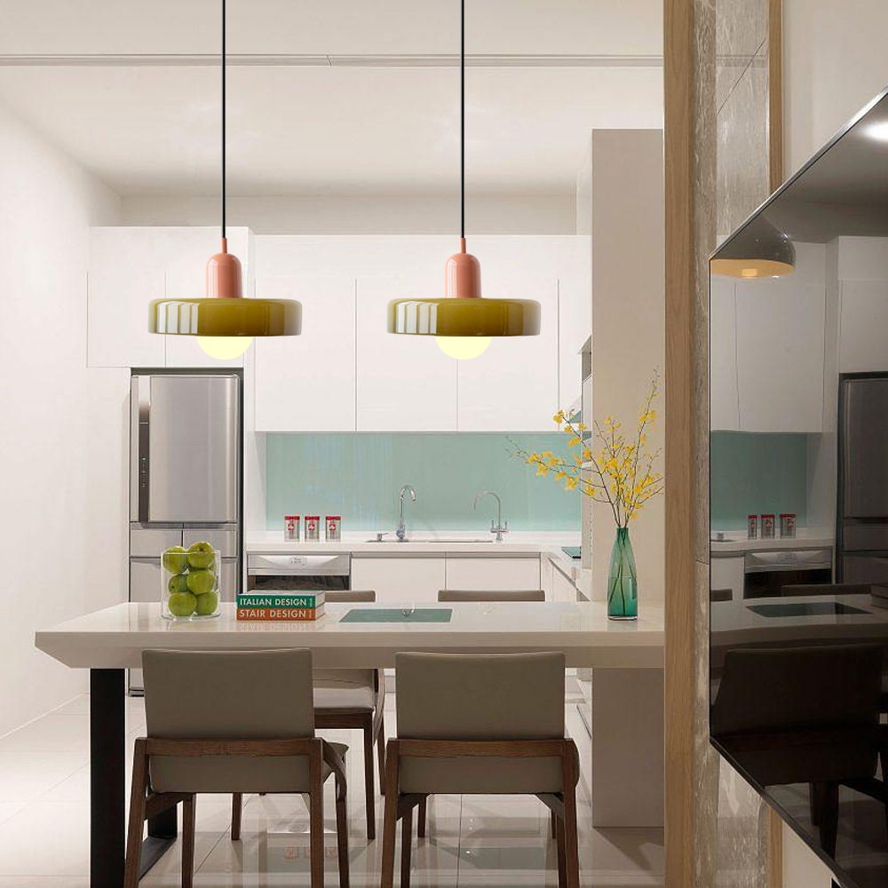 Hanging glass ceiling lamp with annular ring shade