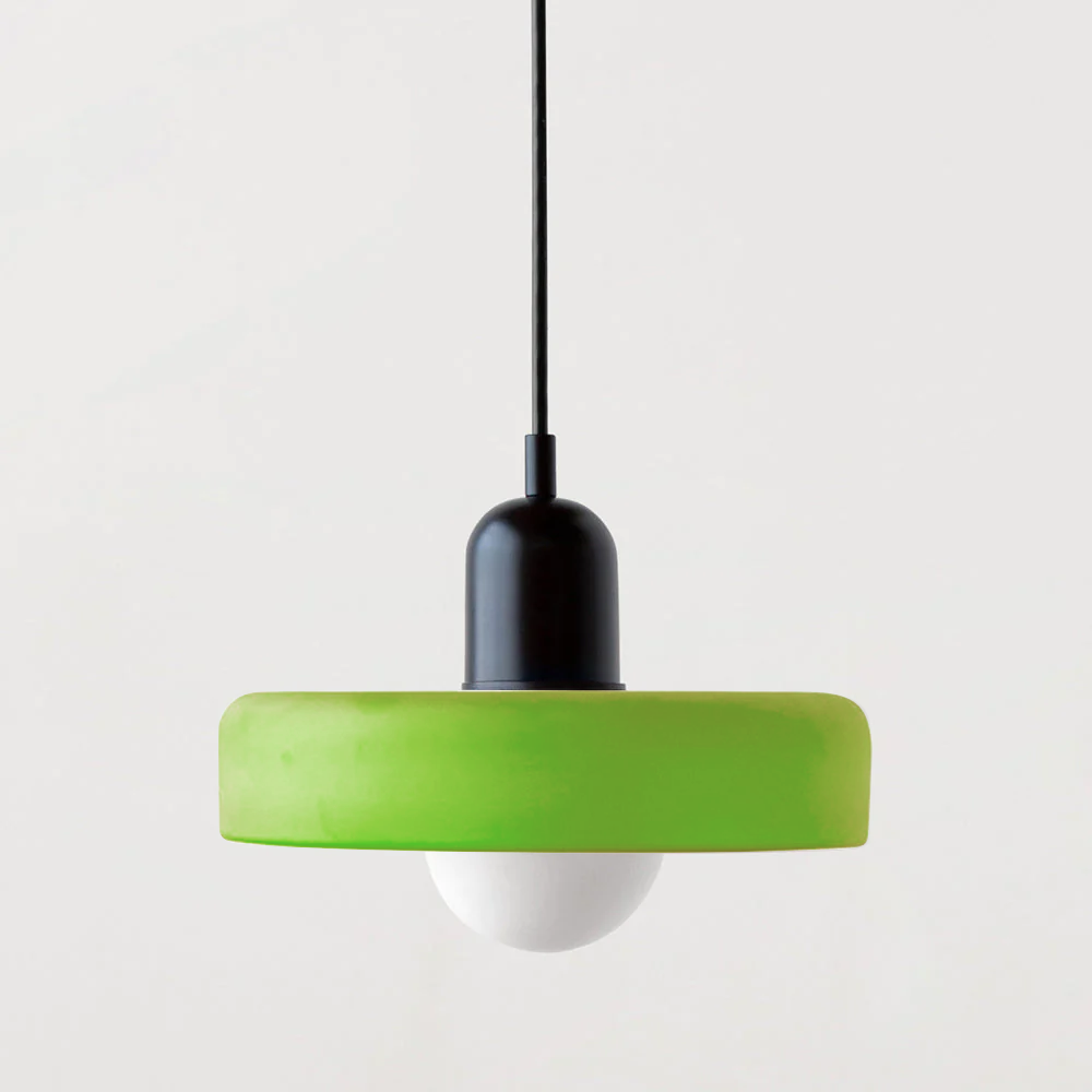 Hanging glass ceiling lamp with annular ring shade
