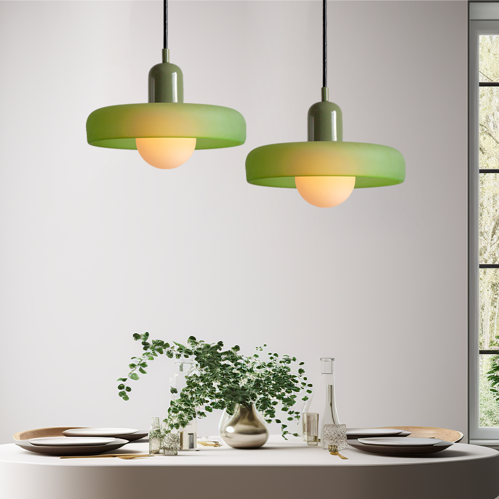 Hanging glass ceiling lamp with annular ring shade