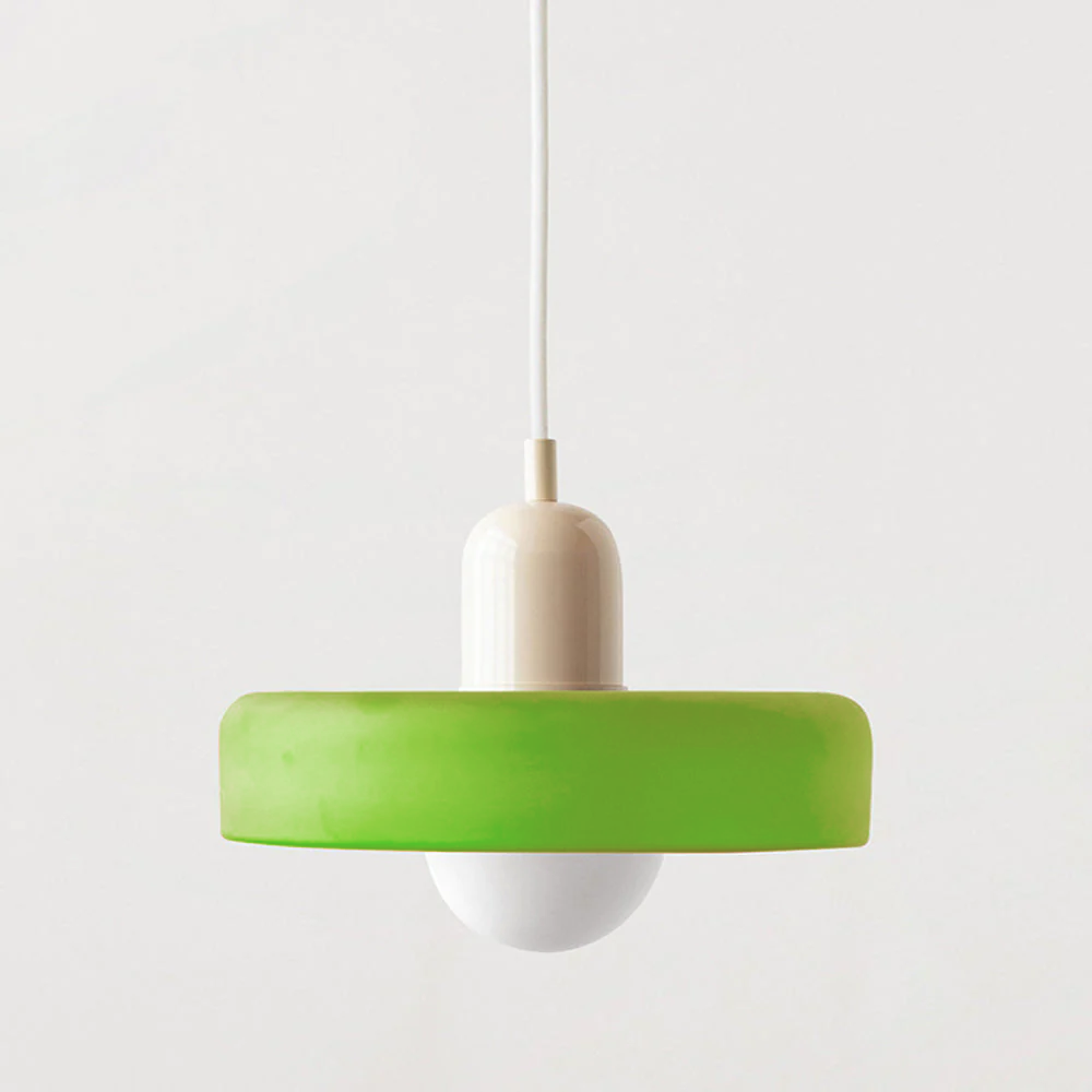 Hanging glass ceiling lamp with annular ring shade