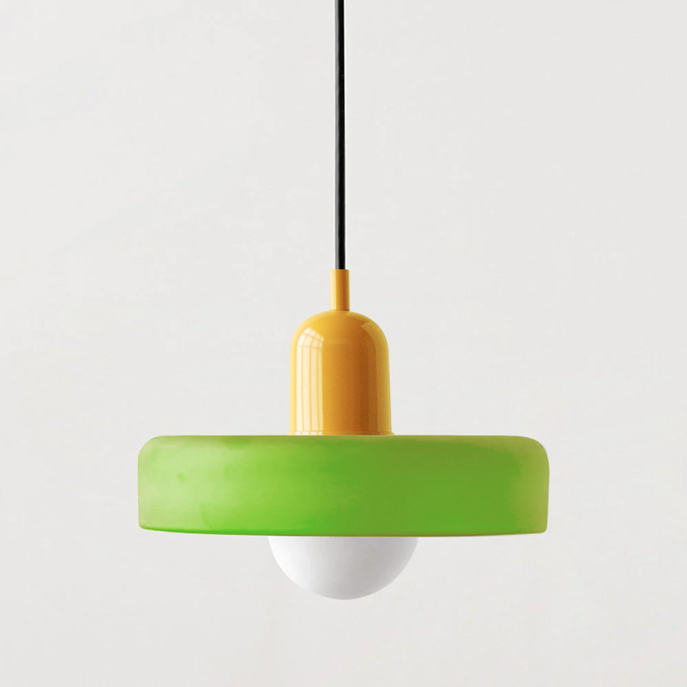 Hanging glass ceiling lamp with annular ring shade